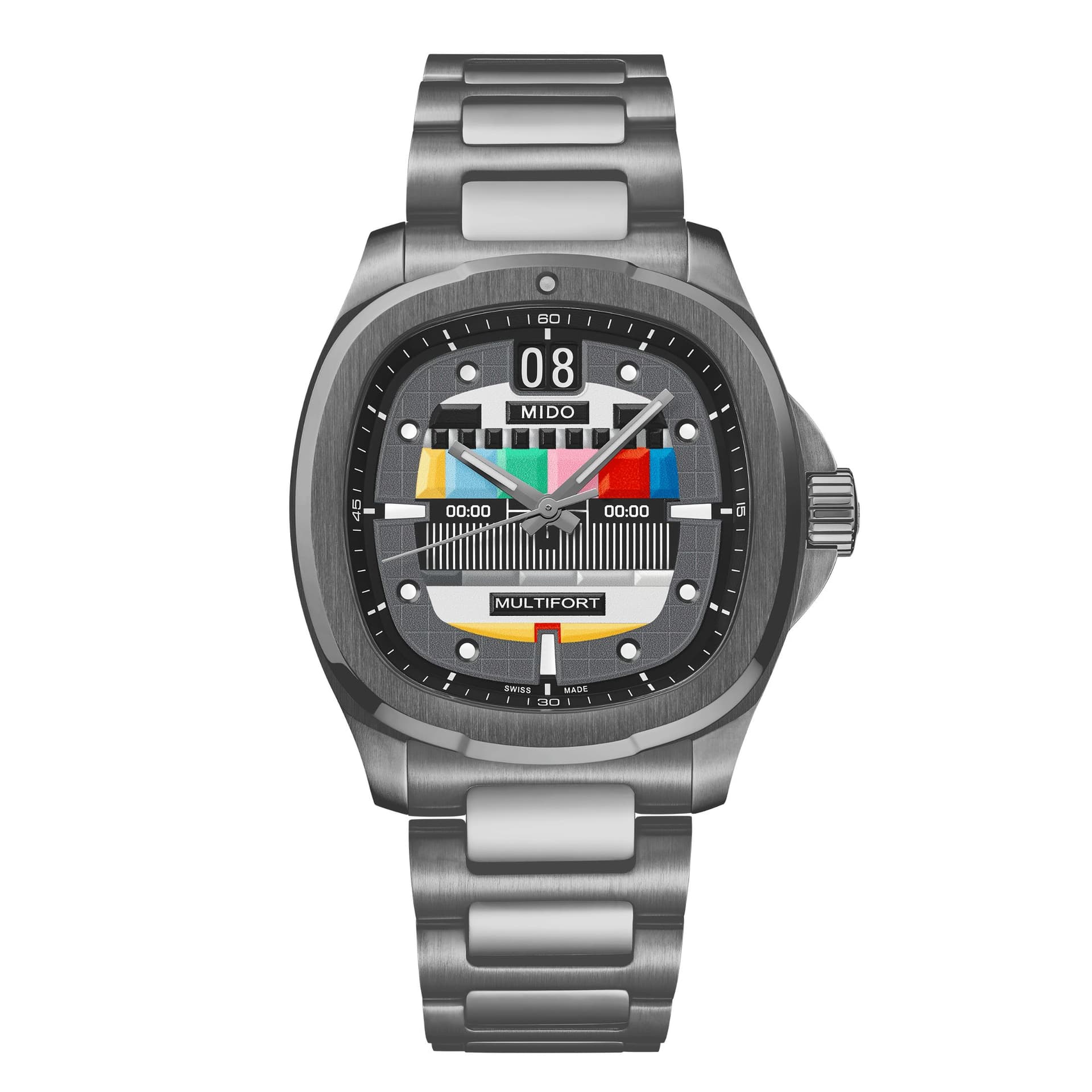 Mido Montre Mido Multifort TV Big Date S01E02 Edition Spéciale automatique cadran multicolore bracelet acier + 2 bracelets 40 mm