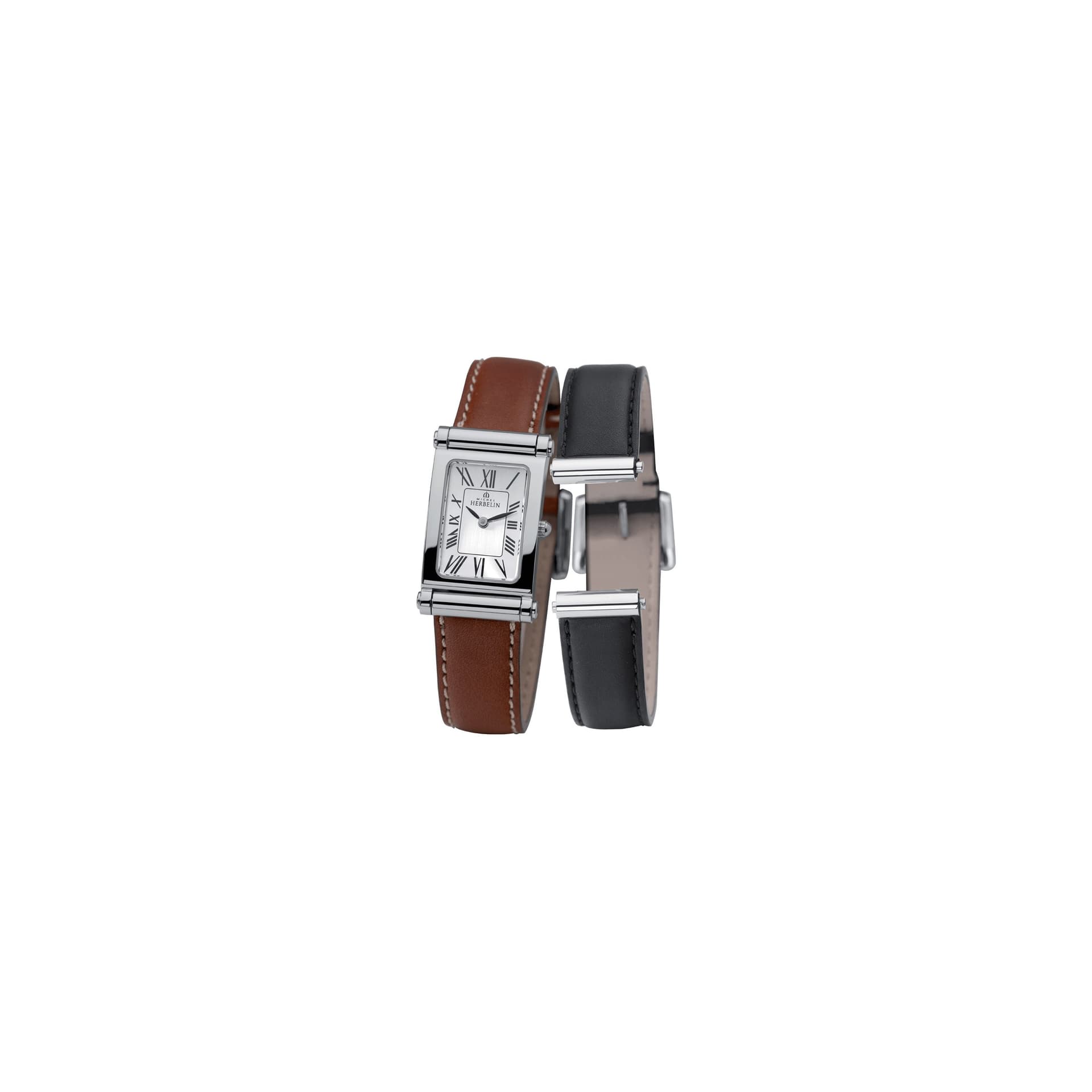 Michel Herbelin Montre Michel Herbelin Coffret Antarès quartz cadran argent chiffres romains bracelets cuir brun et noir