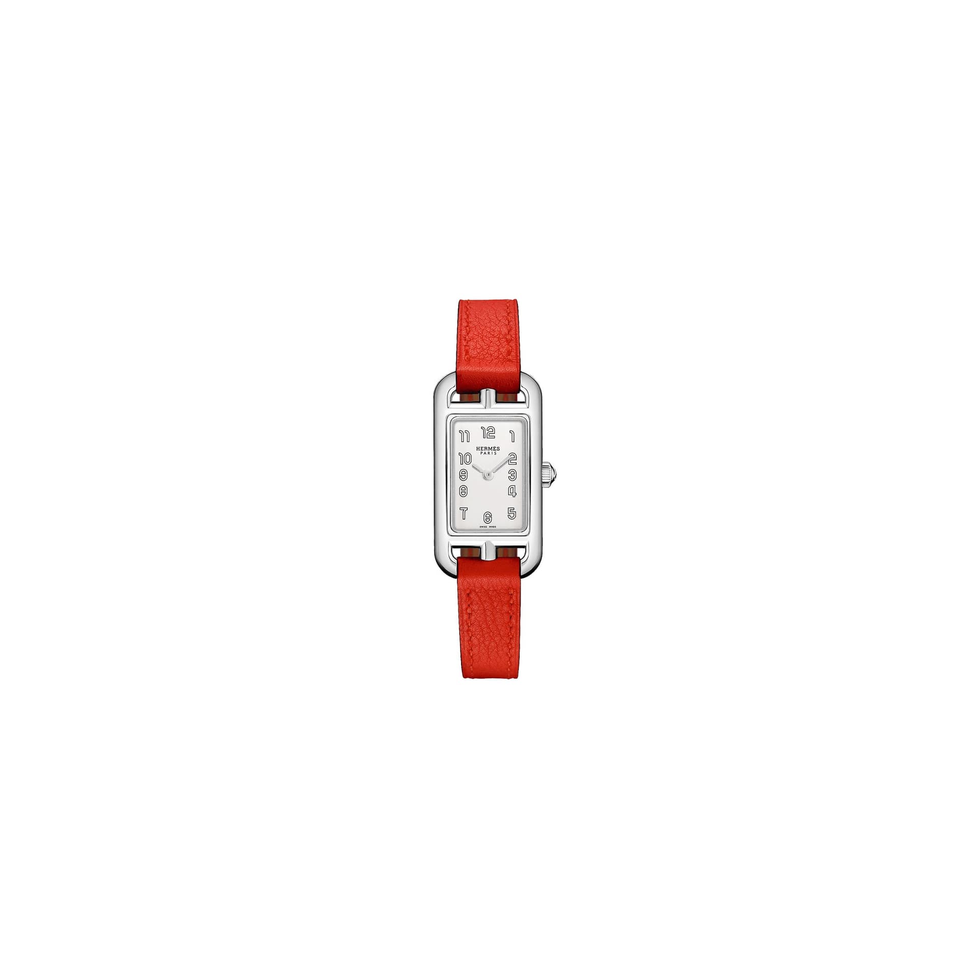 Hermès Montre HERMÈS Nantucket Très Petit Modèle quartz cadran argenté opalin bracelet cuir rouge 17 mm