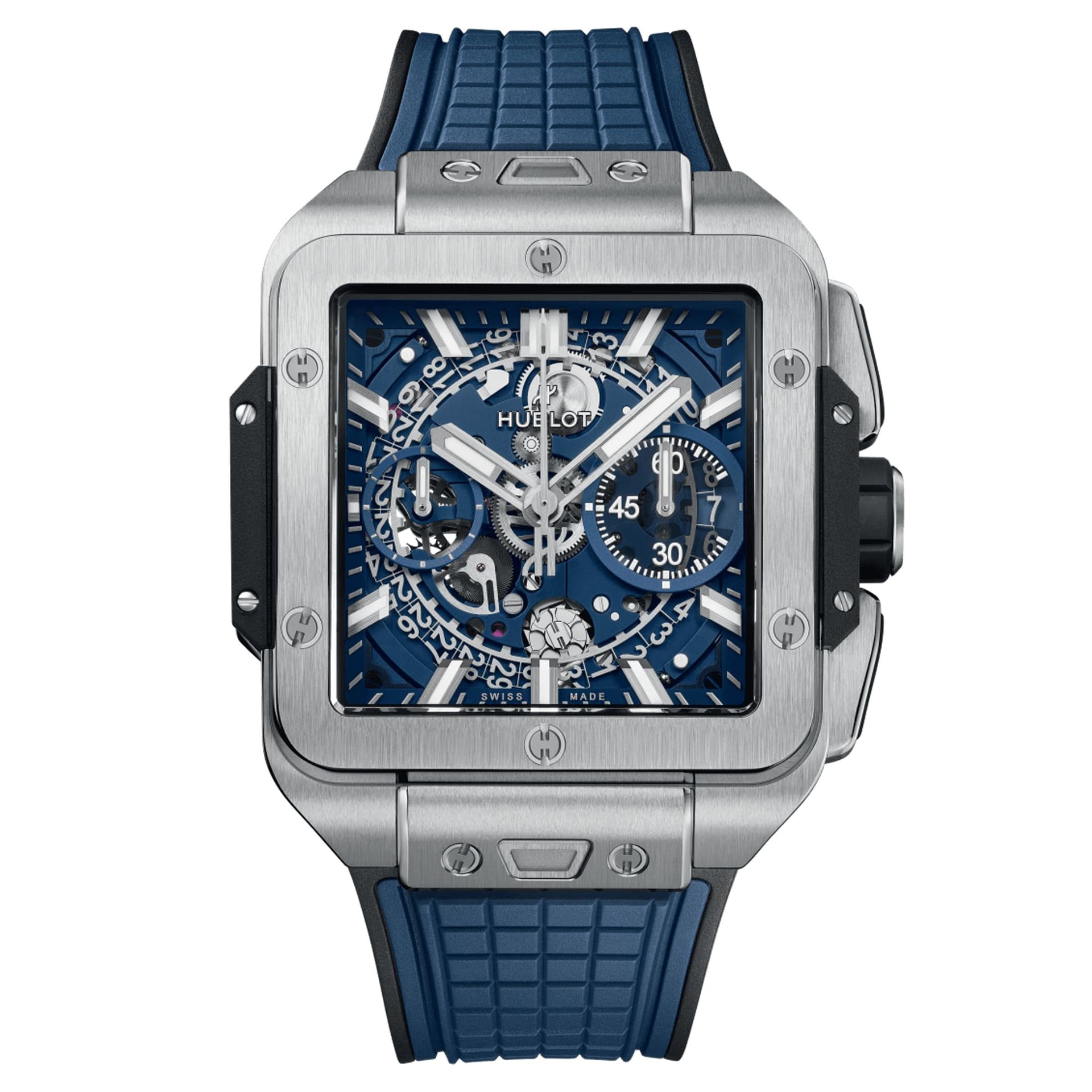 Hublot Montre Hublot Square Bang Unico Titanium Blue automatique lunette titane cadran squelette bracelet caoutchouc bleu 42 mm