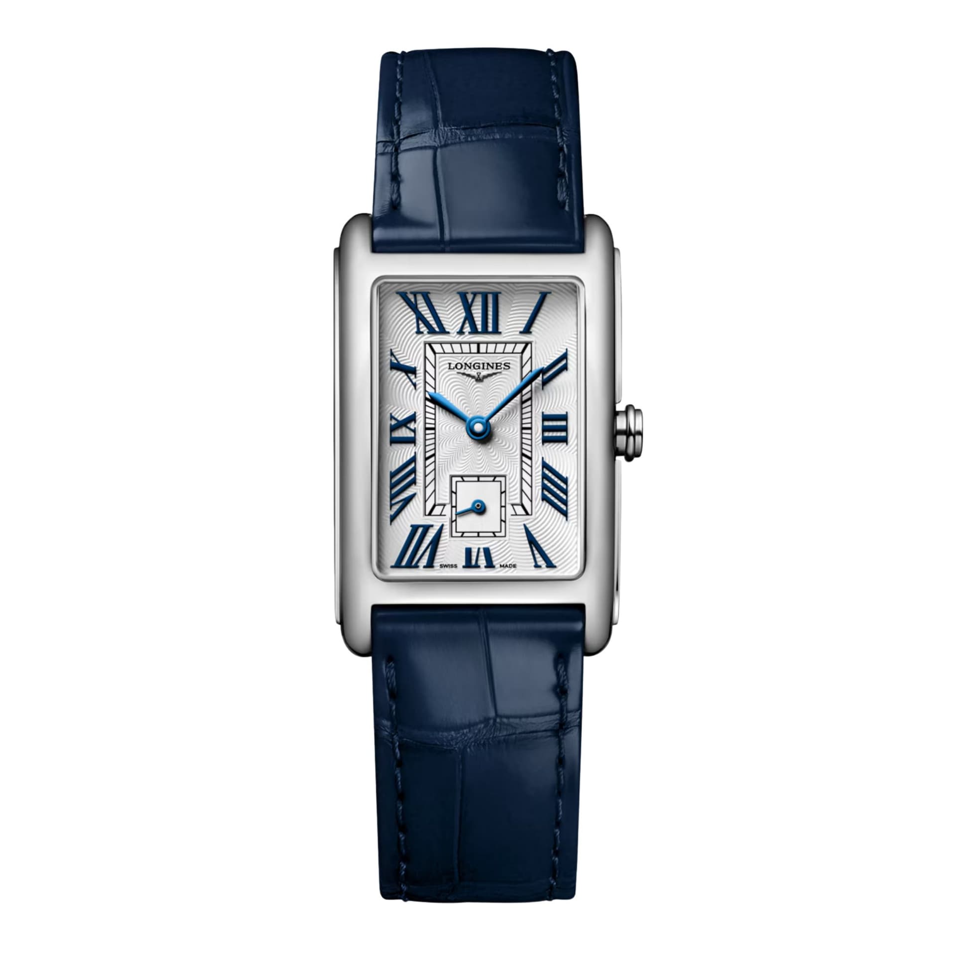Longines Montre Longines DolceVita quartz cadran argenté bracelet cuir alligator bleu 23.30 x 37 mm