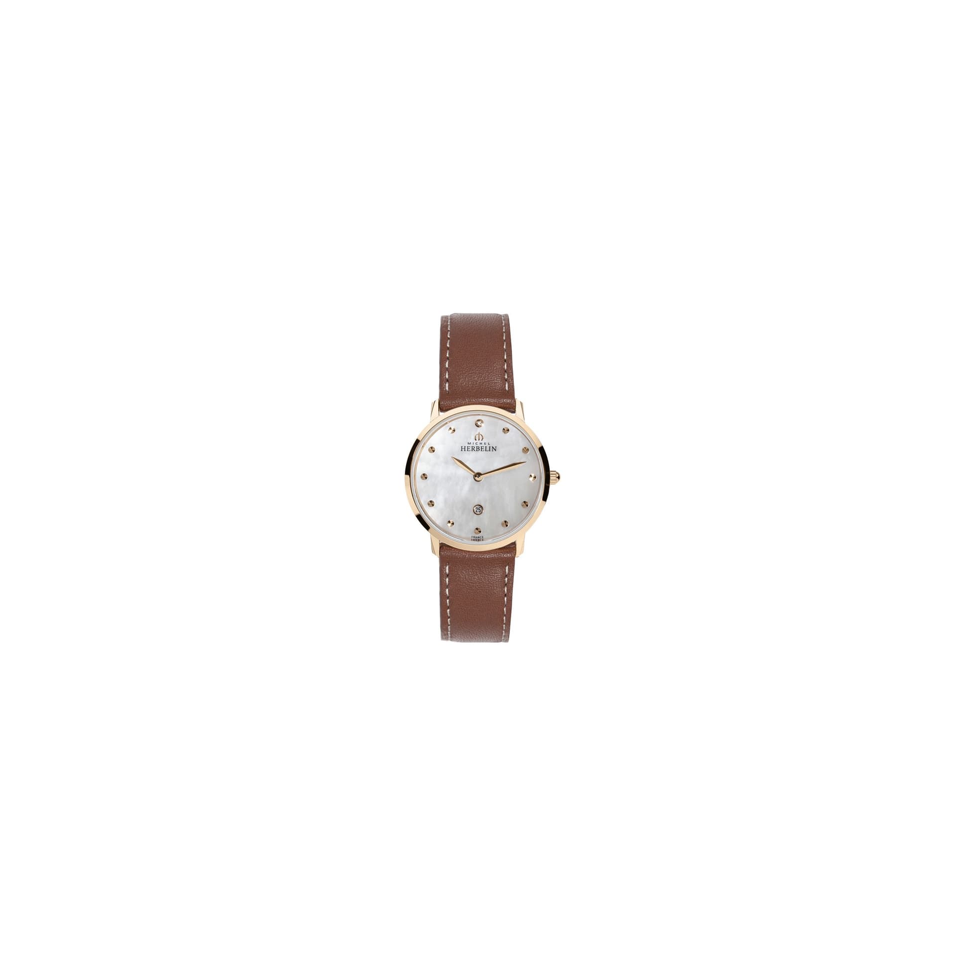 Michel Herbelin Montre Michel Herbelin City Lady quartz acier PVD doré rose cadran nacre bracelet cuir brun 30,5 mm