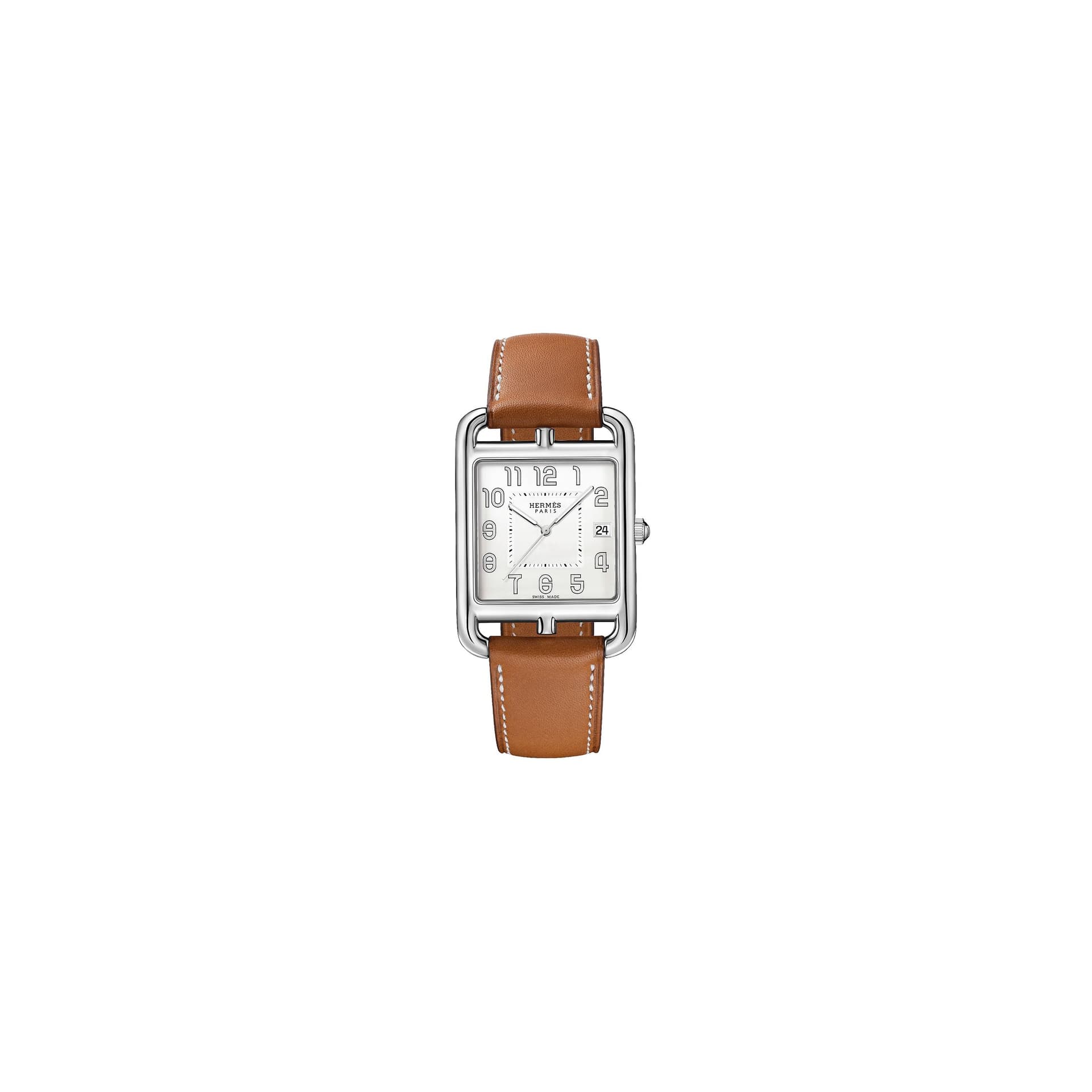 Hermès Montre HERMÈS Cape Cod quartz cadran argenté bracelet cuir marron 41 mm