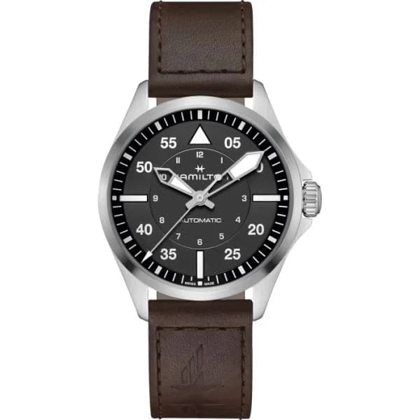 Hamilton Montre Hamilton Khaki Aviation Pilot Automatique Cadran Noir Bracelet Cuir 39 mm