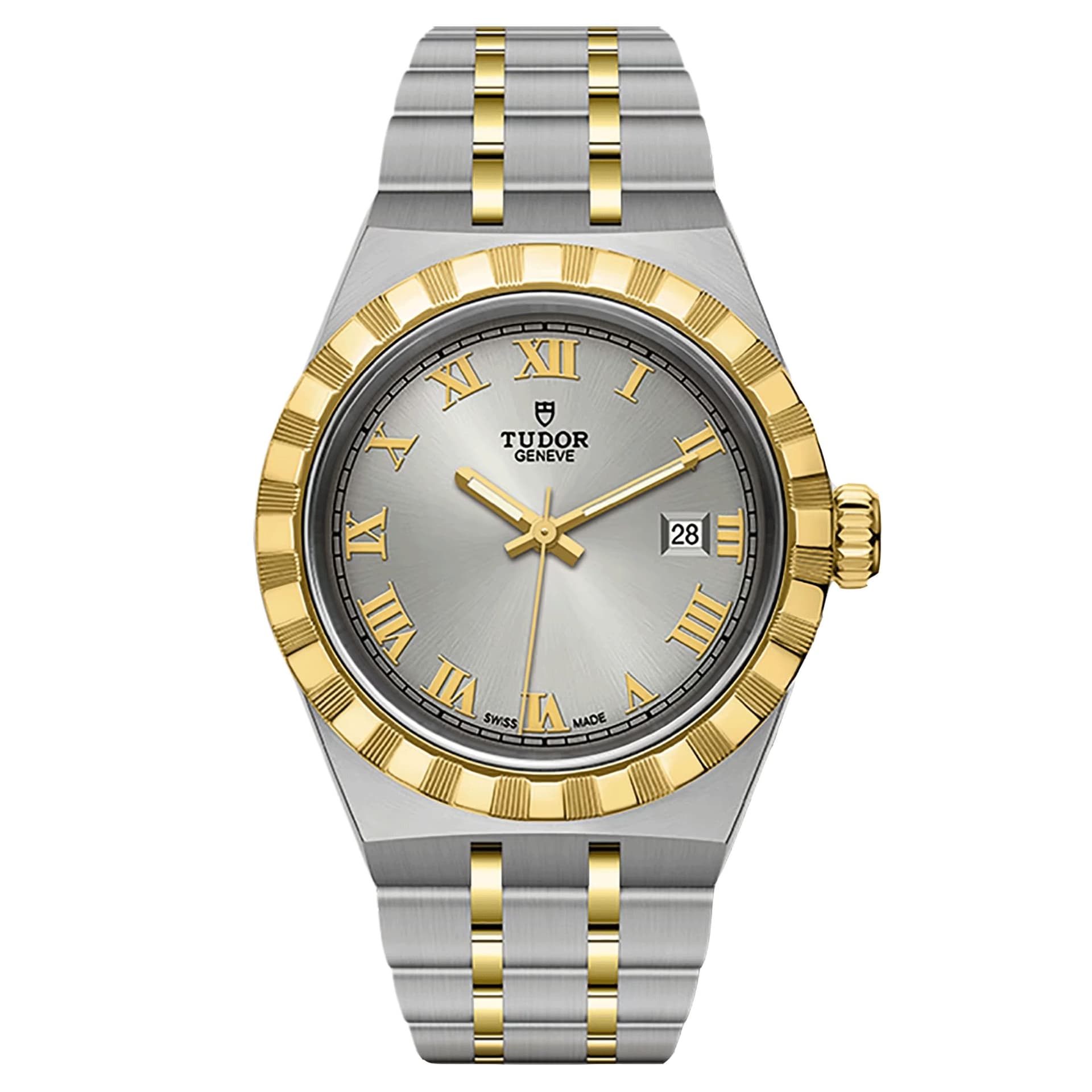 Tudor Montre Tudor Royal automatique index chiffres romains cadran argenté bracelet acier et or jaune 28 mm