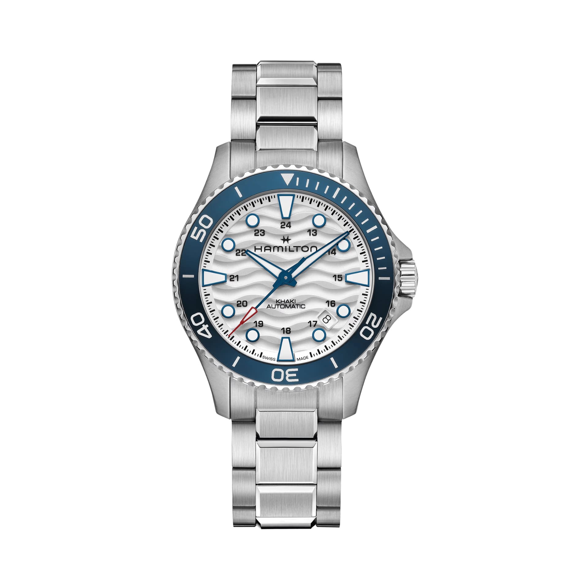 Hamilton Montre Hamilton Khaki Navy Scuba automatique cadran blanc lunette bleue bracelet acier 40 mm