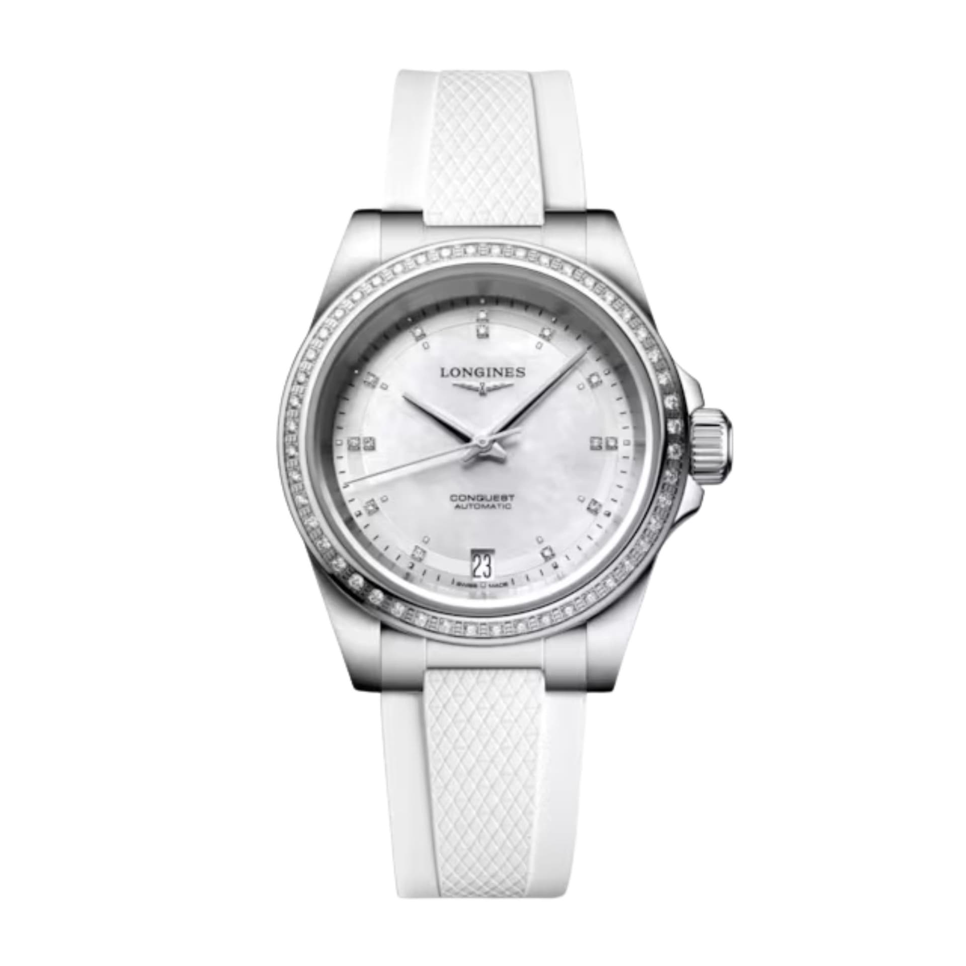 Longines Montre Longines Conquest automatique diamants cadran nacre bracelet caoutchouc blanc 30 mm