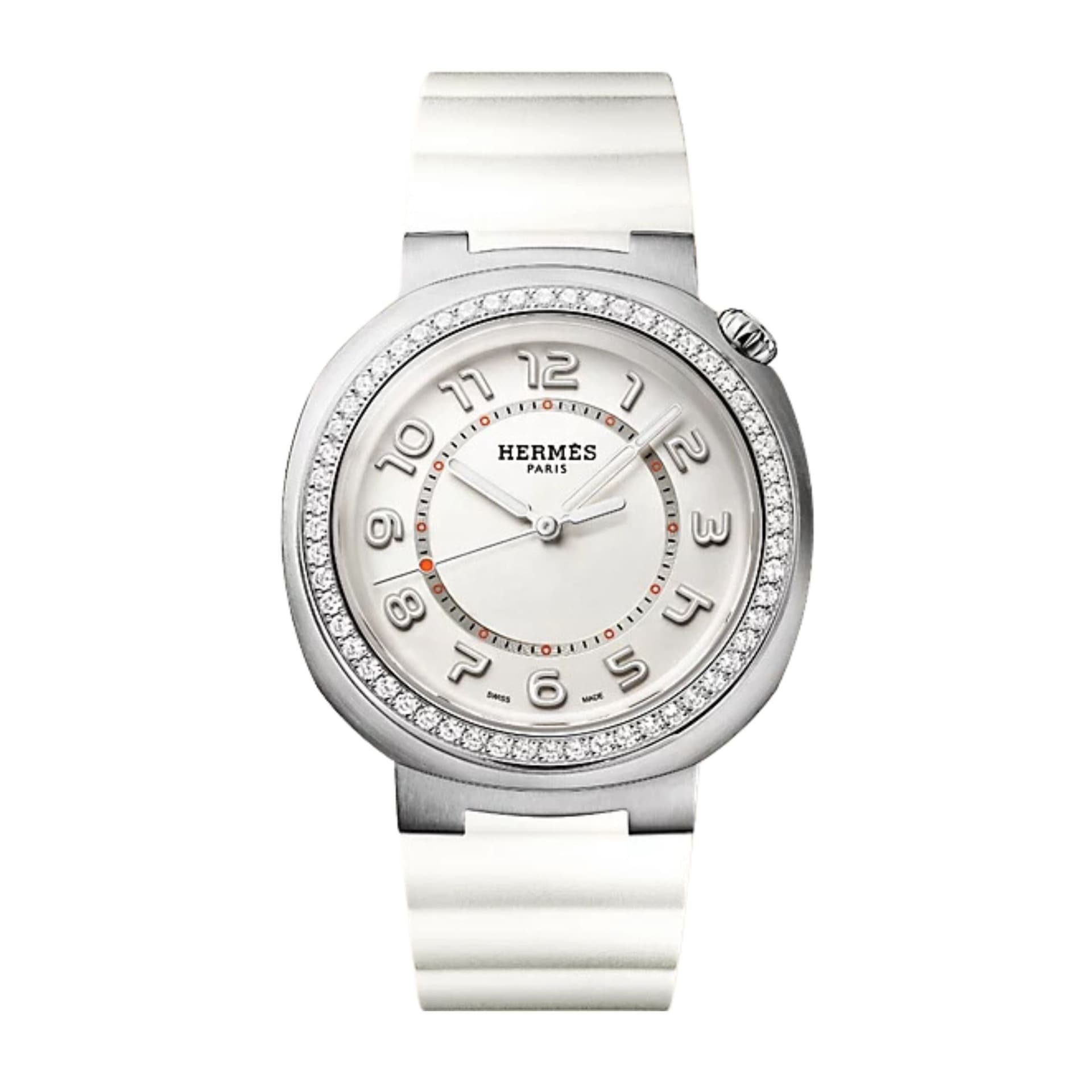 Hermès Montre HERMÈS Cut Grand Modèle automatique lunette sertie cadran argenté bracelet caoutchouc blanc 36 mm