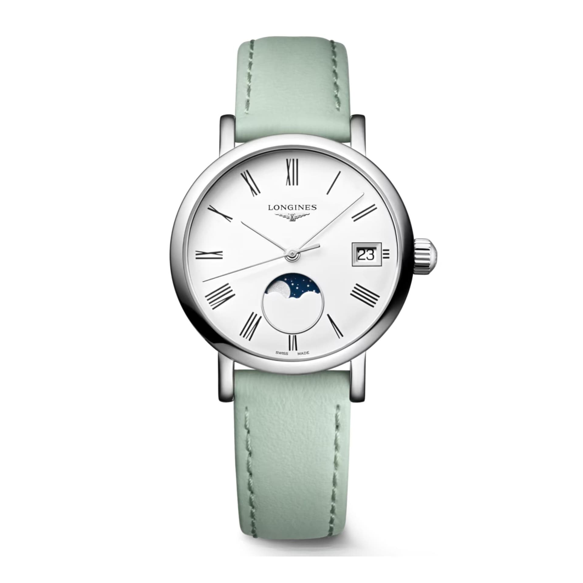 Longines Montre Longines Elegant collection Phase de Lune quartz cadran blanc bracelet cuir vert 30 mm