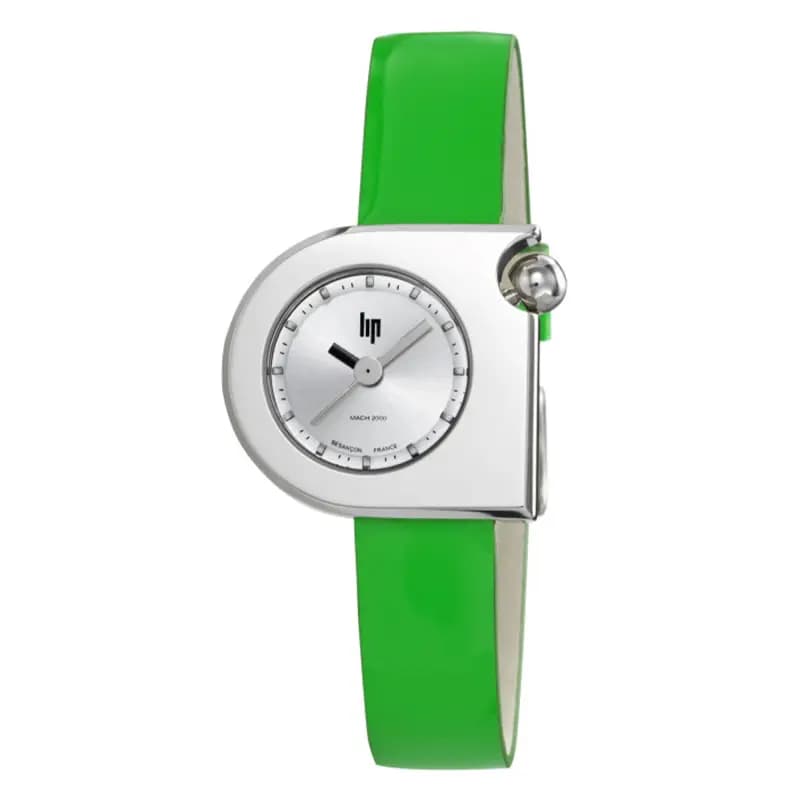 Daniel Gérard Montre LIP Mach 2000 Mini Moon Quartz Cadran Argenté Bracelet Cuir Vert