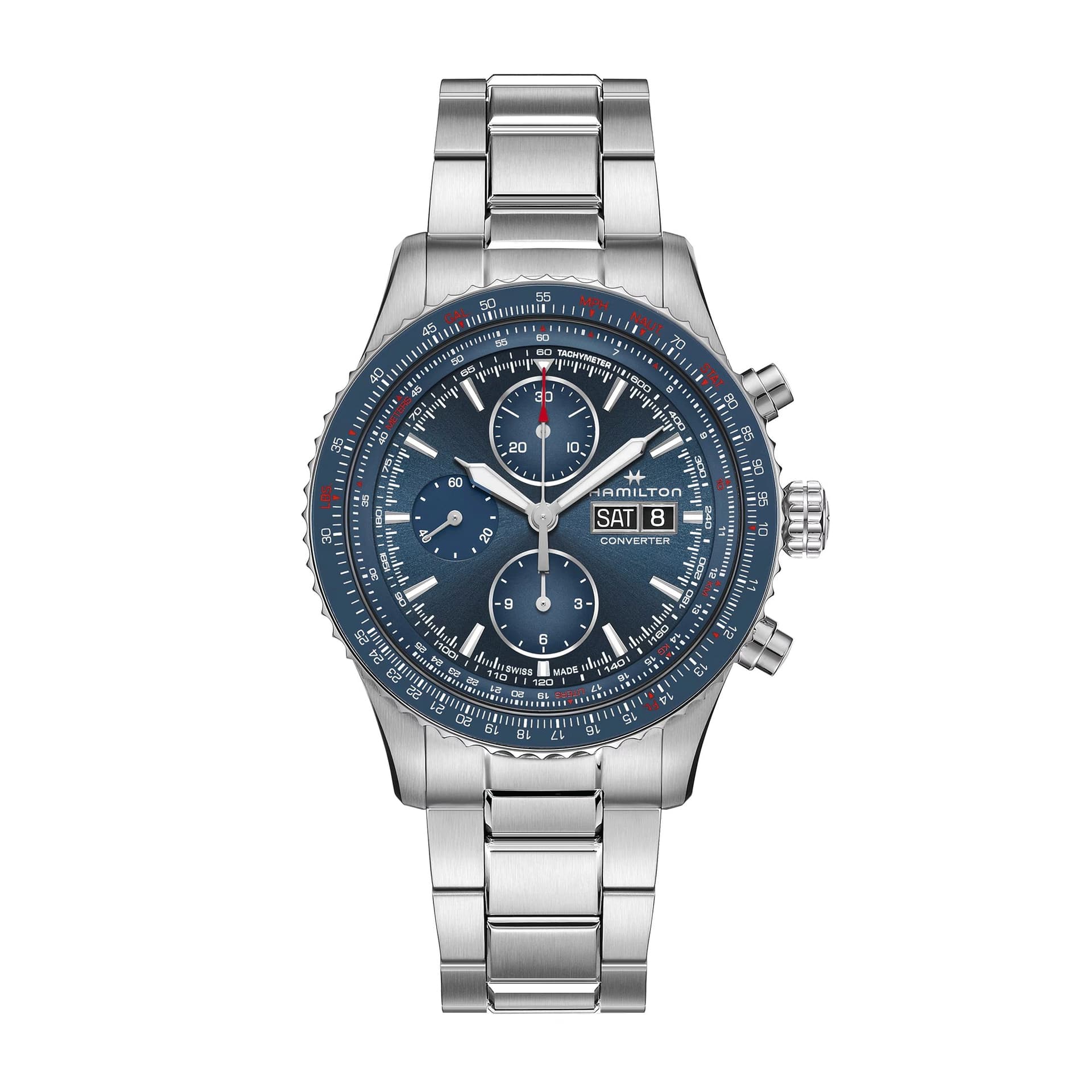 Hamilton Montre Hamilton Khaki Aviation Converter Auto Chrono bracelet acier 44mm Automatique Cadran Bleu Bracelet Acier 44 mm