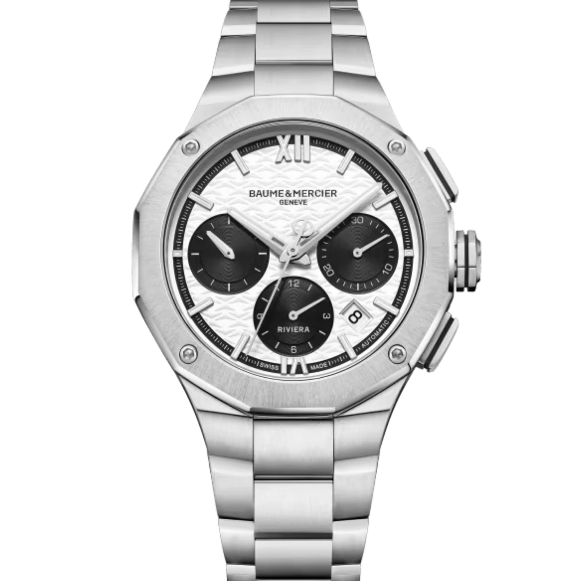 Baume & Mercier Montre Baume et Mercier Riviera Chronographe automatique cadran blanc et noir bracelet acier 41 mm