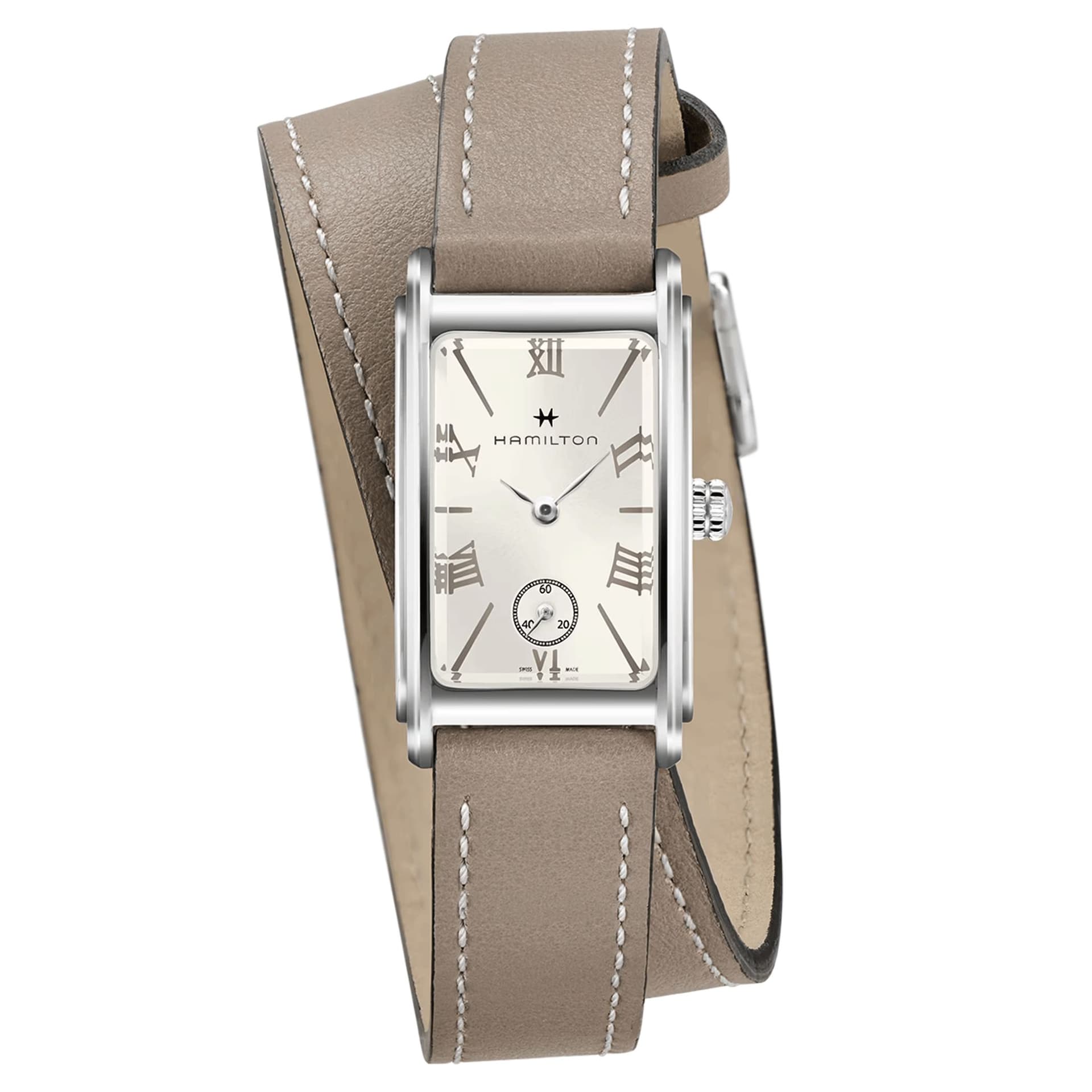 Hamilton Montre Hamilton American Classic Ardmore quartz cadran argenté bracelet double tour cuir taupe 18,7 x 27 mm