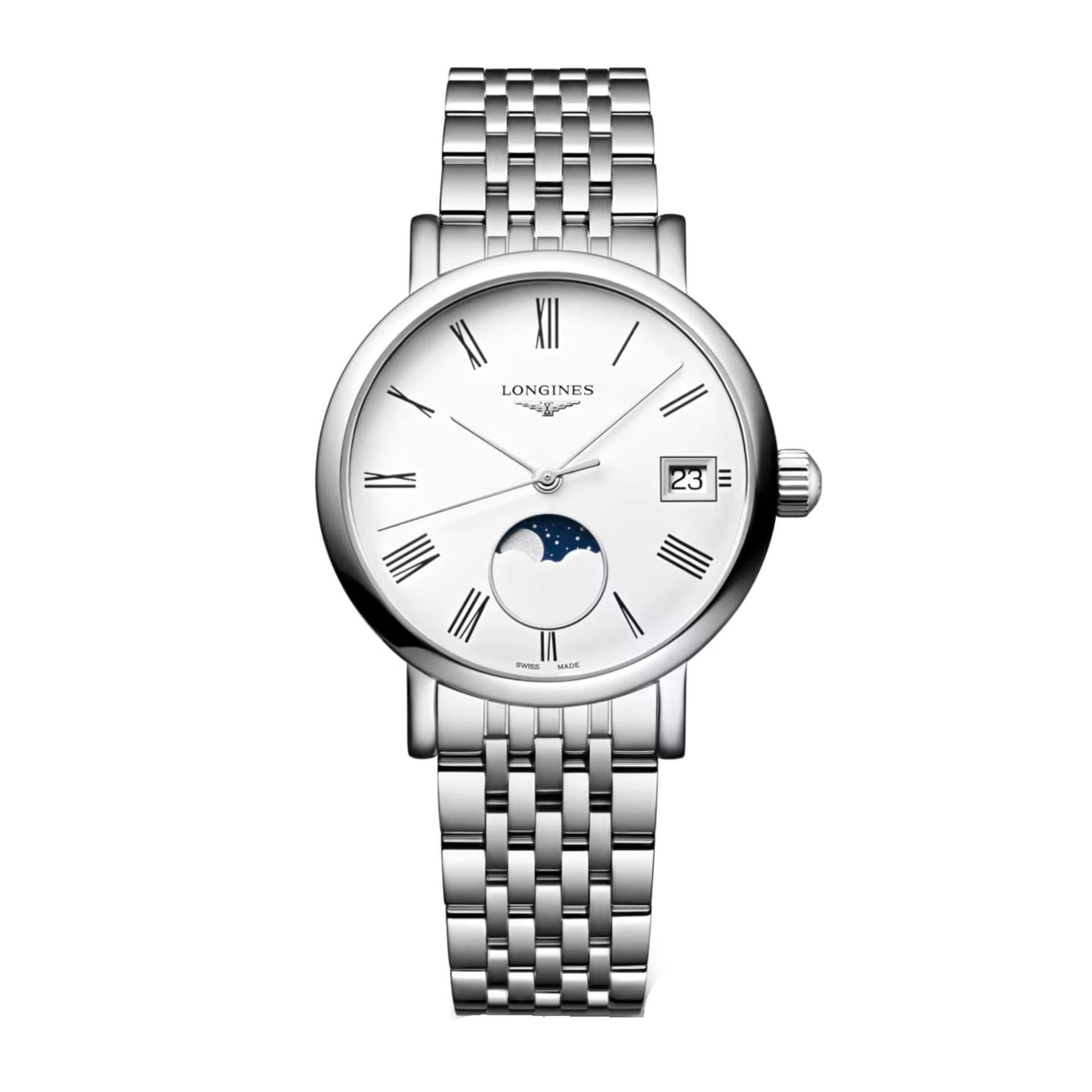 Longines Montre Longines Elegant collection Phase de Lune quartz cadran blanc bracelet acier 30 mm