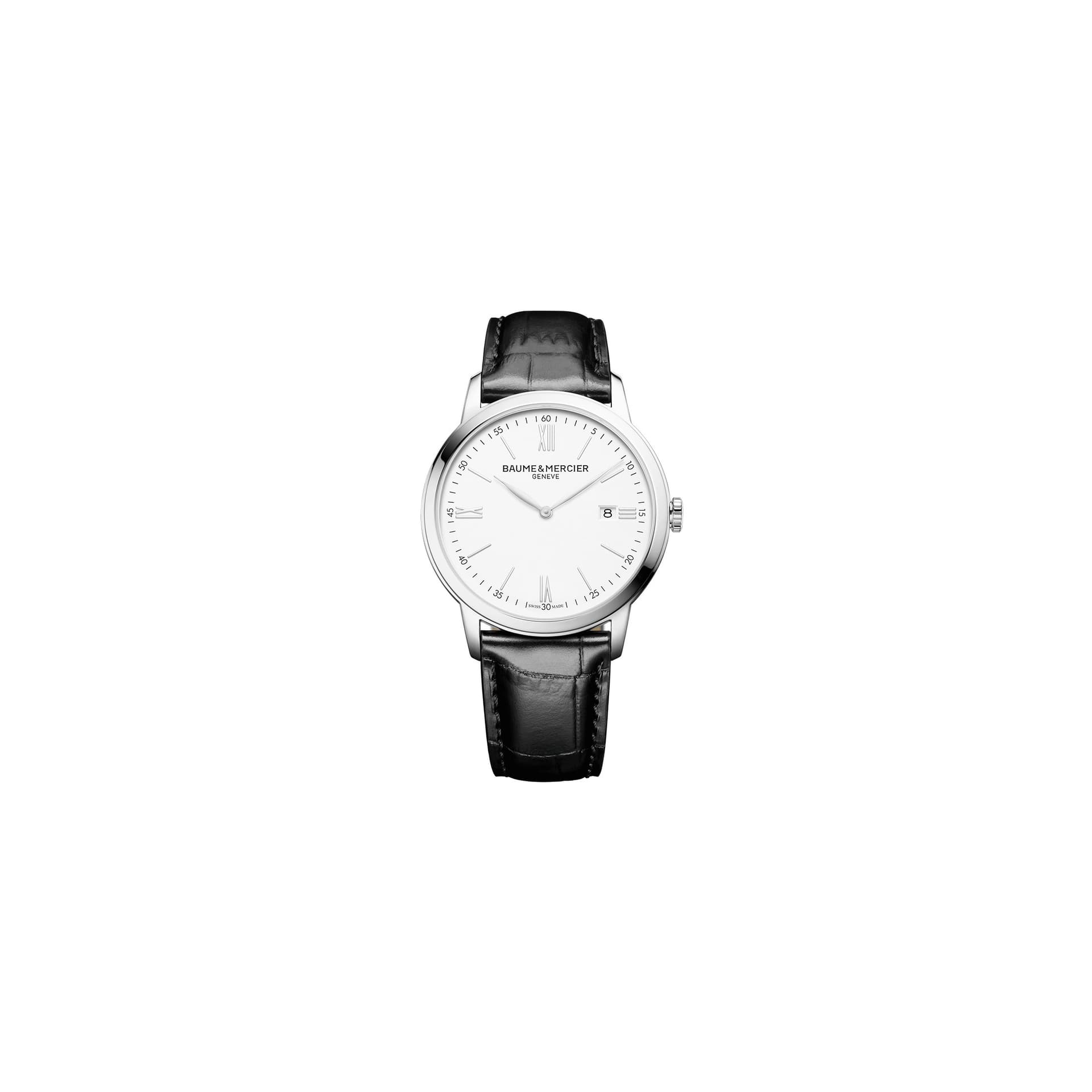 Baume & Mercier Montre Baume et Mercier Classima quartz cadran blanc chiffres romains bracelet cuir veau noir 42 mm