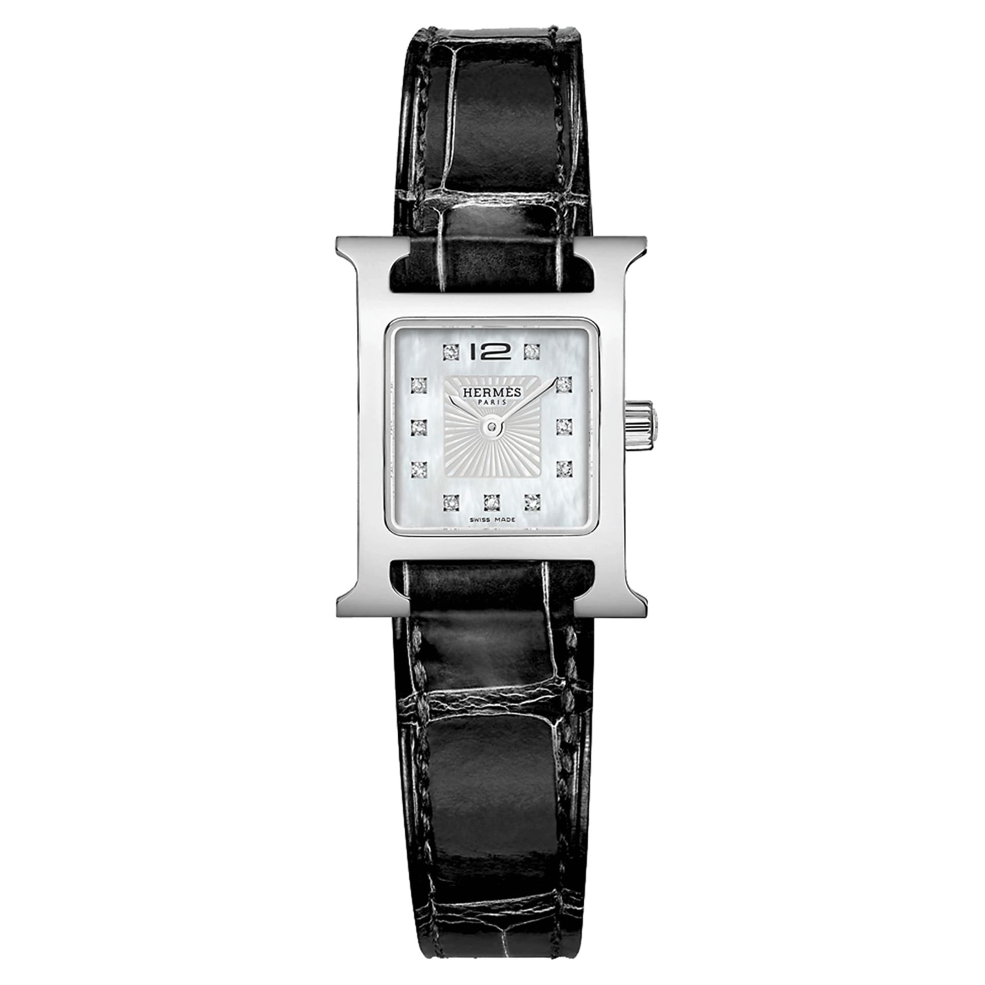 Hermès Montre HERMÈS Heure H Mini Modèle quartz index diamants cadran nacre blanche bracelet cuir croco noir 21 mm