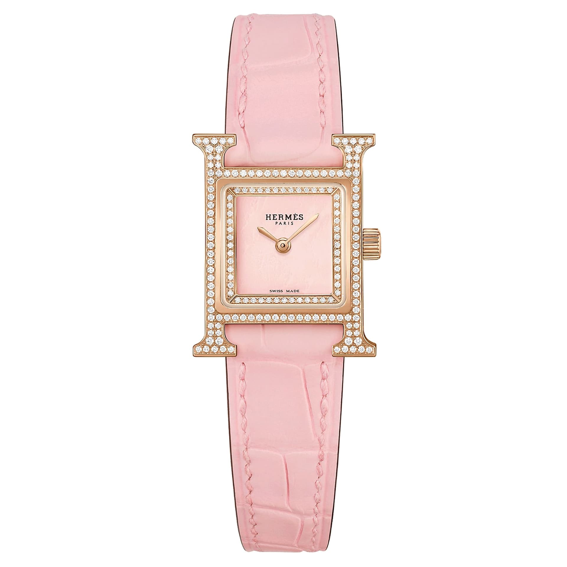 Hermès Montre HERMÈS Heure H Mini Modèle sertie quartz cadran rose bracelet cuir rose 21 mm