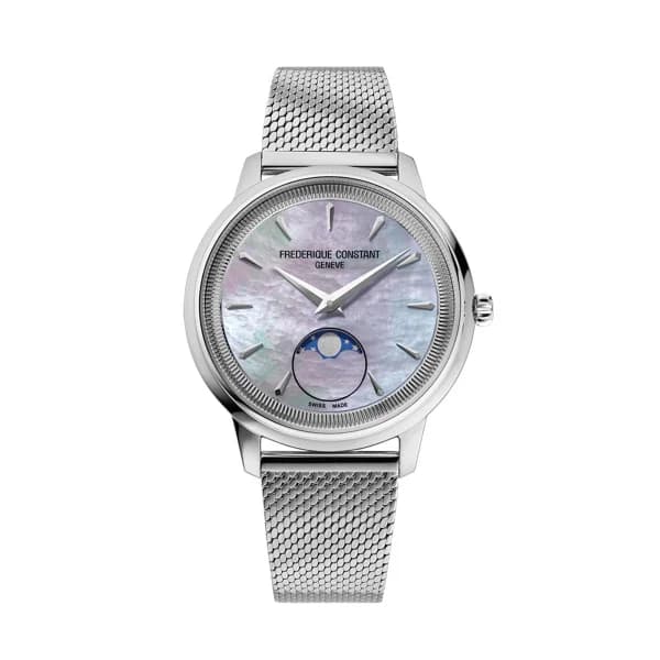 Frédérique Constant Montre Frédérique Constant Moneta Moonphase Quartz Cadran Nacré Bracelet Acier Maille Milanaise - FC-206MPLB2S6B