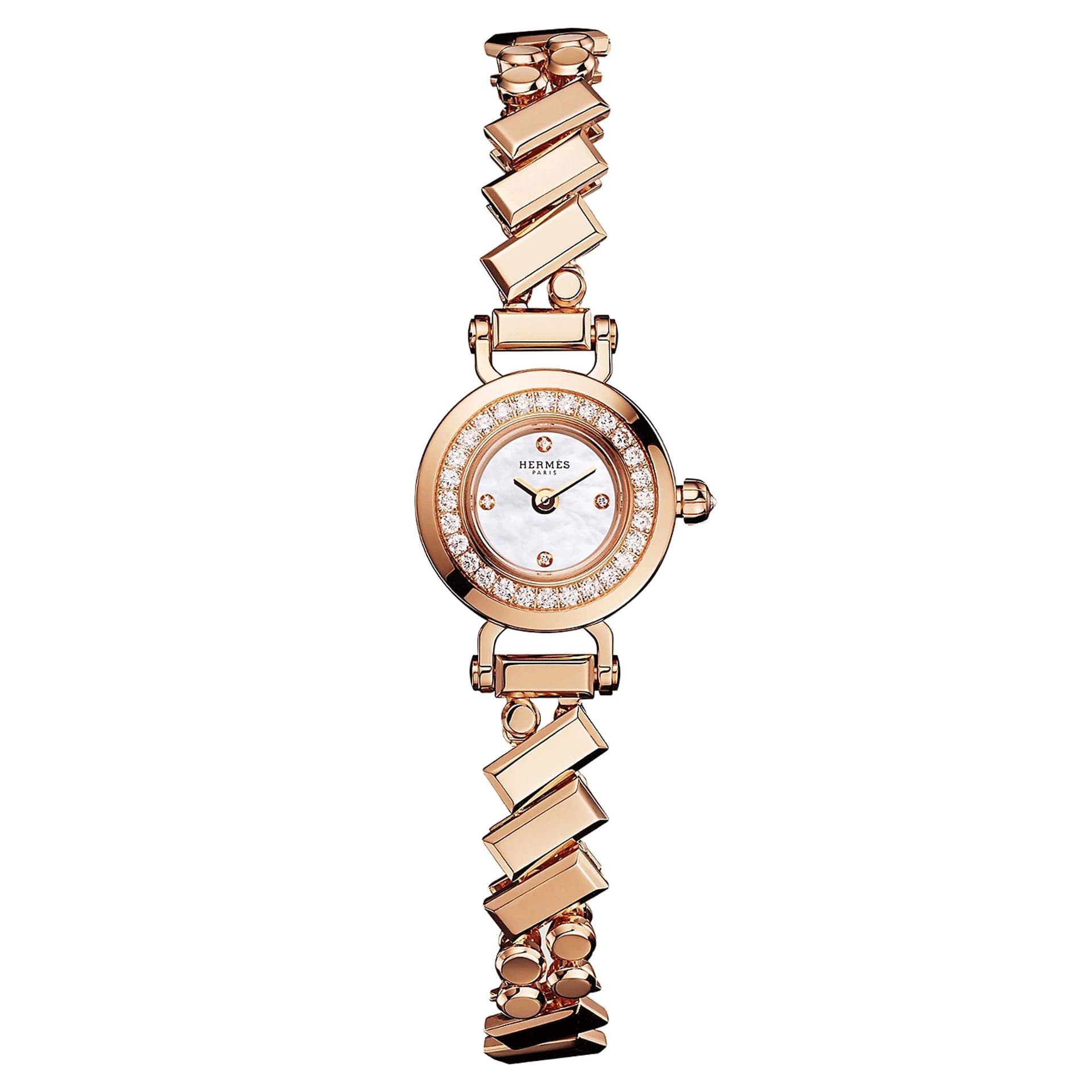 Hermès Montre HERMÈS Faubourg Polka Mini Modèle Or Rose quartz cadran nacre blanche bracelet or rose 15 mm