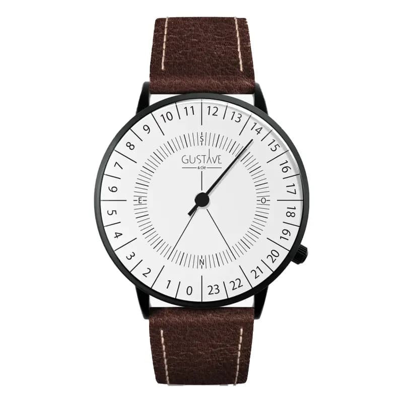 Gustave & Cie Montre 24H Antoine Noir & Blanc Cuir Marron Chocolat 40mm
