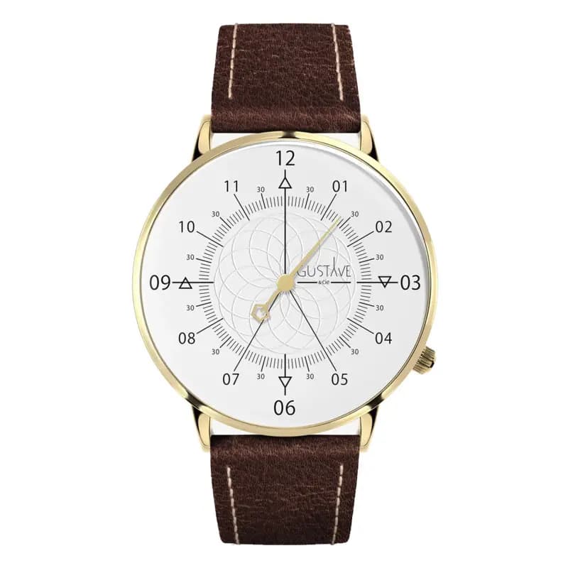 Gustave & Cie Montre 12H Louis Or & Blanc Cuir Marron Chocolat 40mm