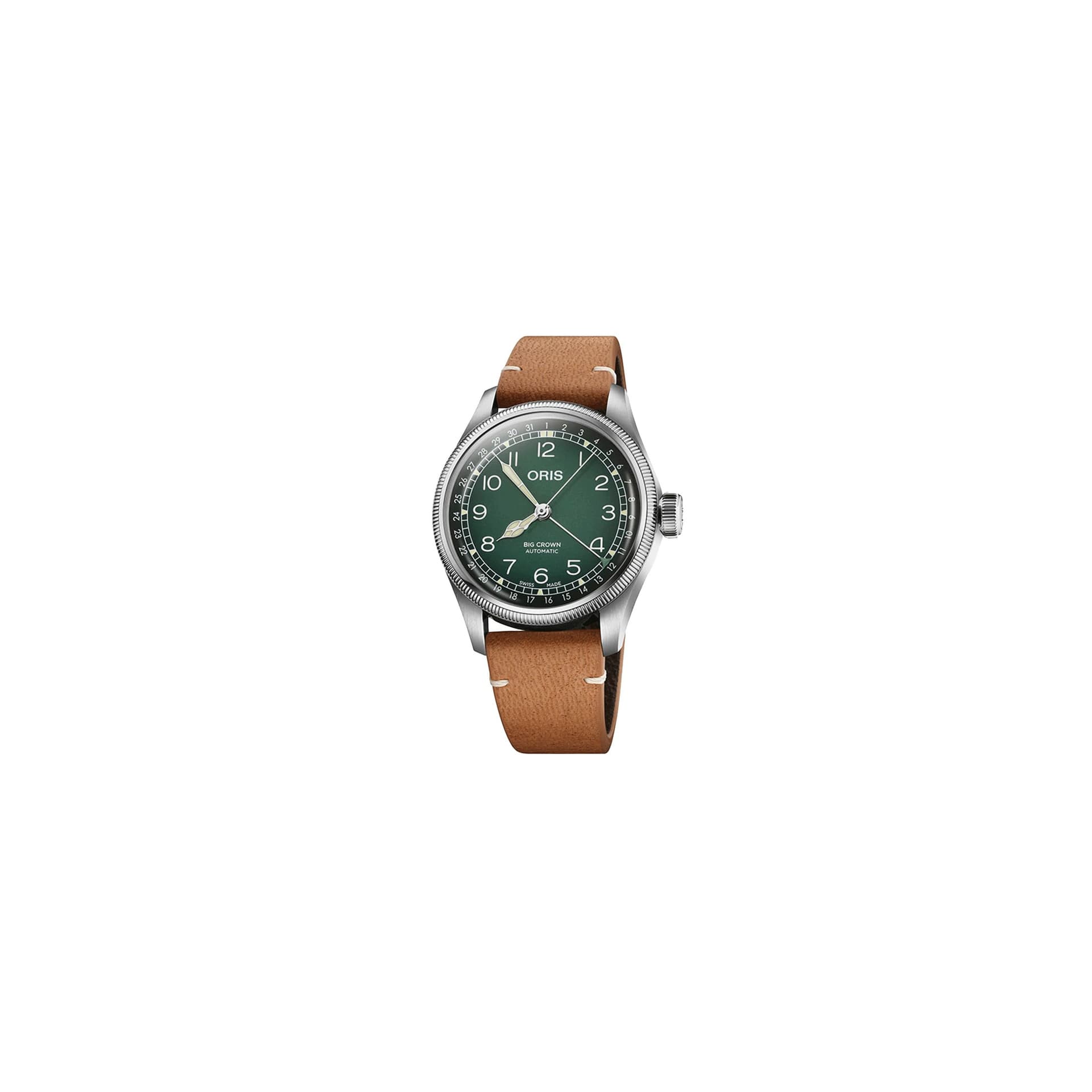 Oris Montre Oris X Cervo Volante Big Crown Pointer Date automatique cadran vert bracelet cuir 38 mm