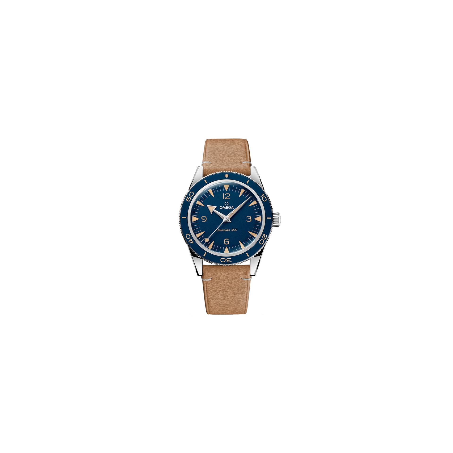 Omega Montre Omega Seamaster 300 automatique Co-Axial cadran bleu bracelet cuir beige 41 mm