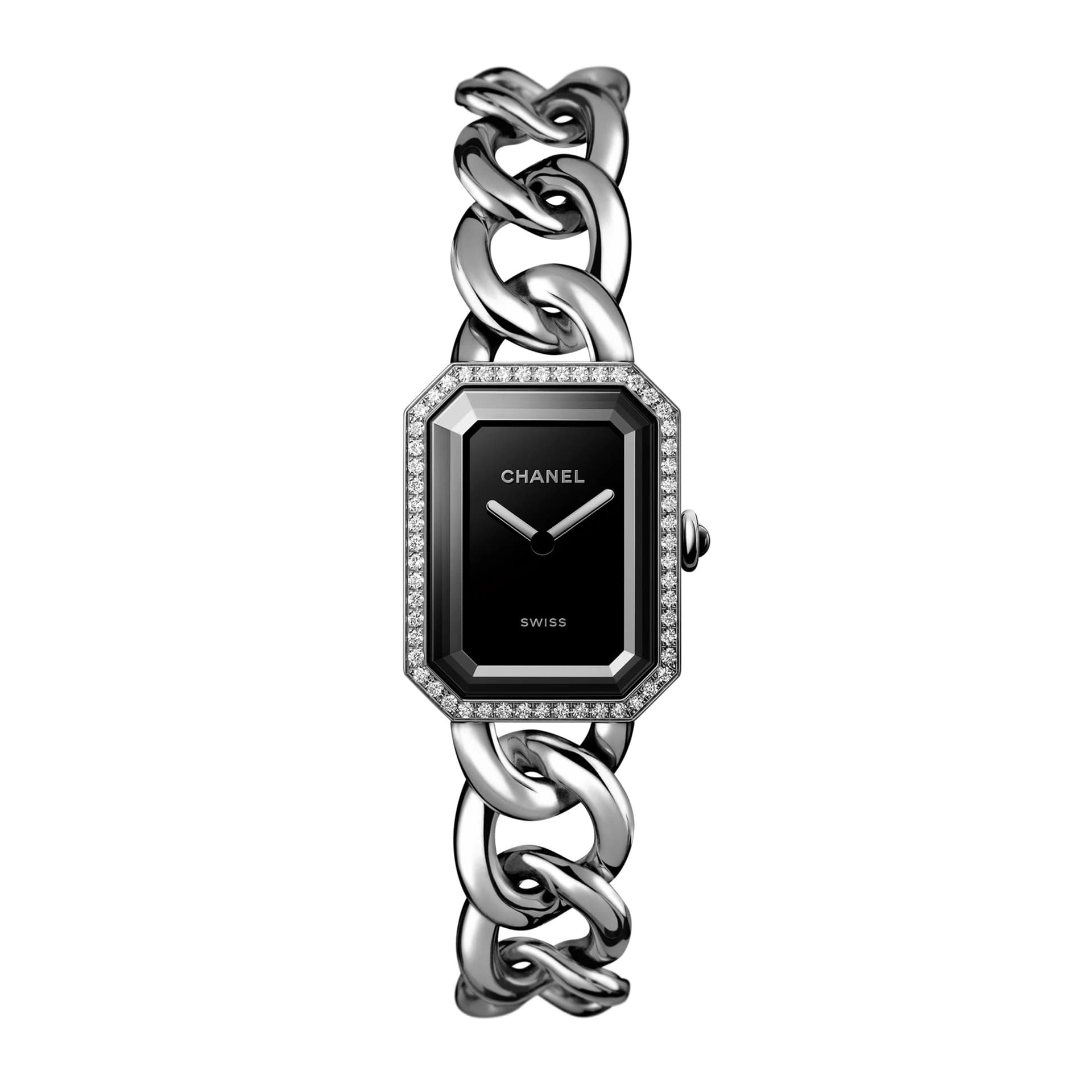 Chanel Montre CHANEL Première Chaîne Gourmette quartz cadran laqué noir lunette sertie Grand modèle
