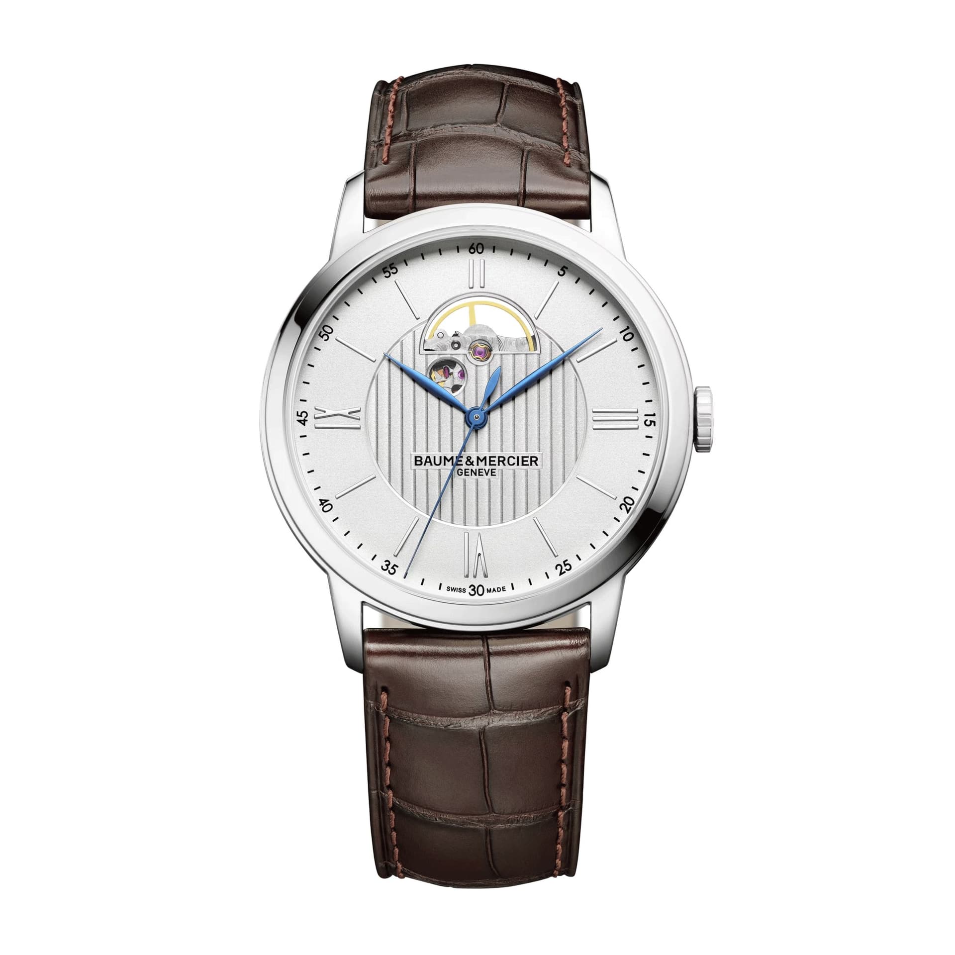 Baume & Mercier Montre Baume et Mercier Classima automatique cadran argenté bracelet cuir alligator brun 42 mm