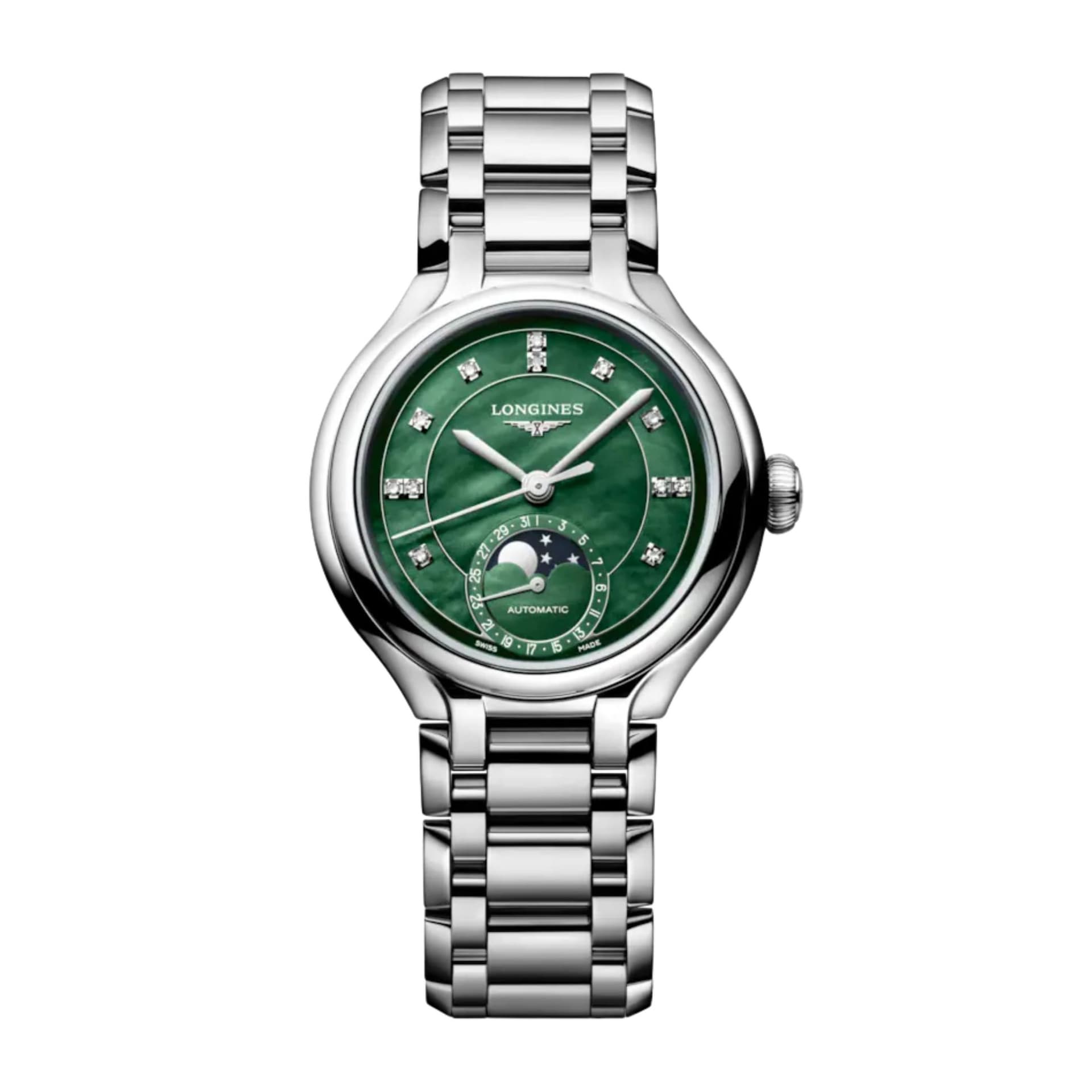 Longines Montre Longines Longines primaluna moonphase 34 mm Automatique Cadran Nacre vert vif Bracelet Acier