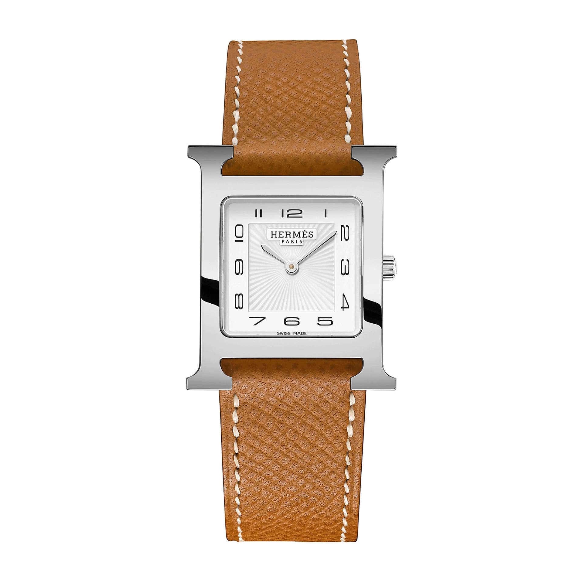 Hermès Montre HERMÈS Heure H Moyen Modèle quartz cadran blanc bracelet cuir marron 30 mm