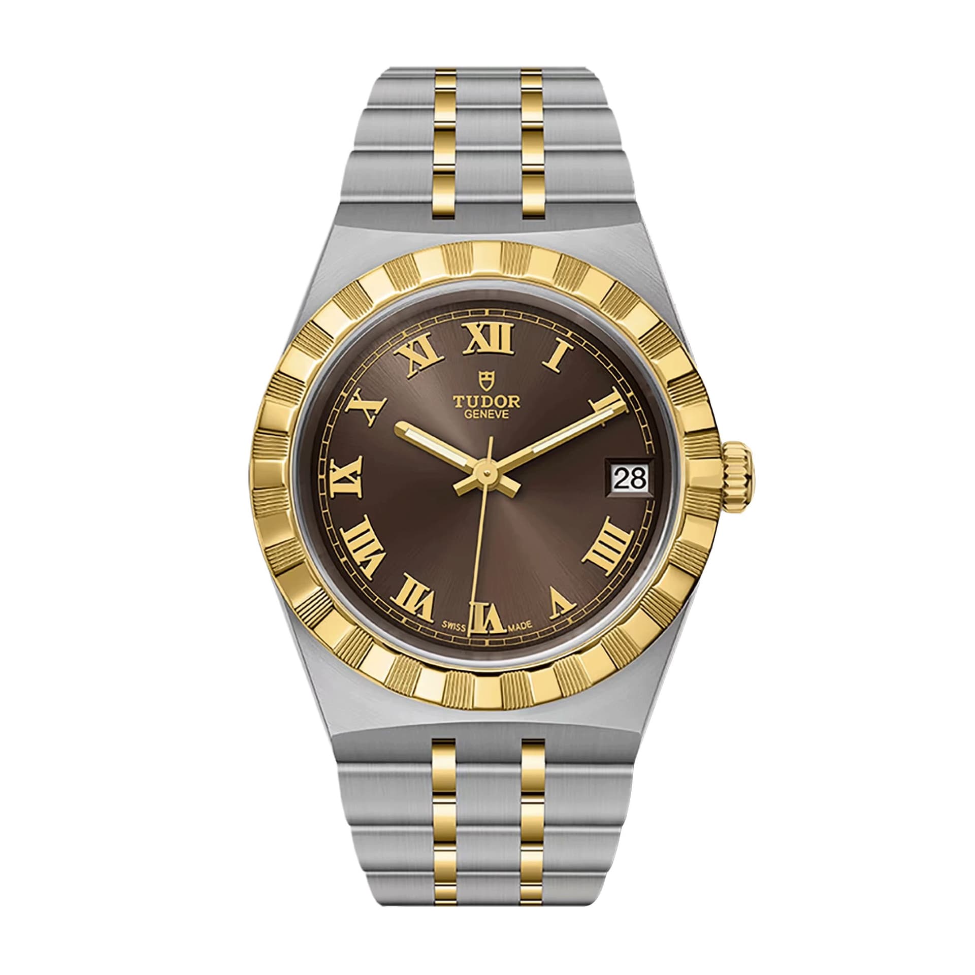 Tudor Montre Tudor Royal automatique lunette or jaune cadran chocolat bracelet acier et or jaune 34 mm