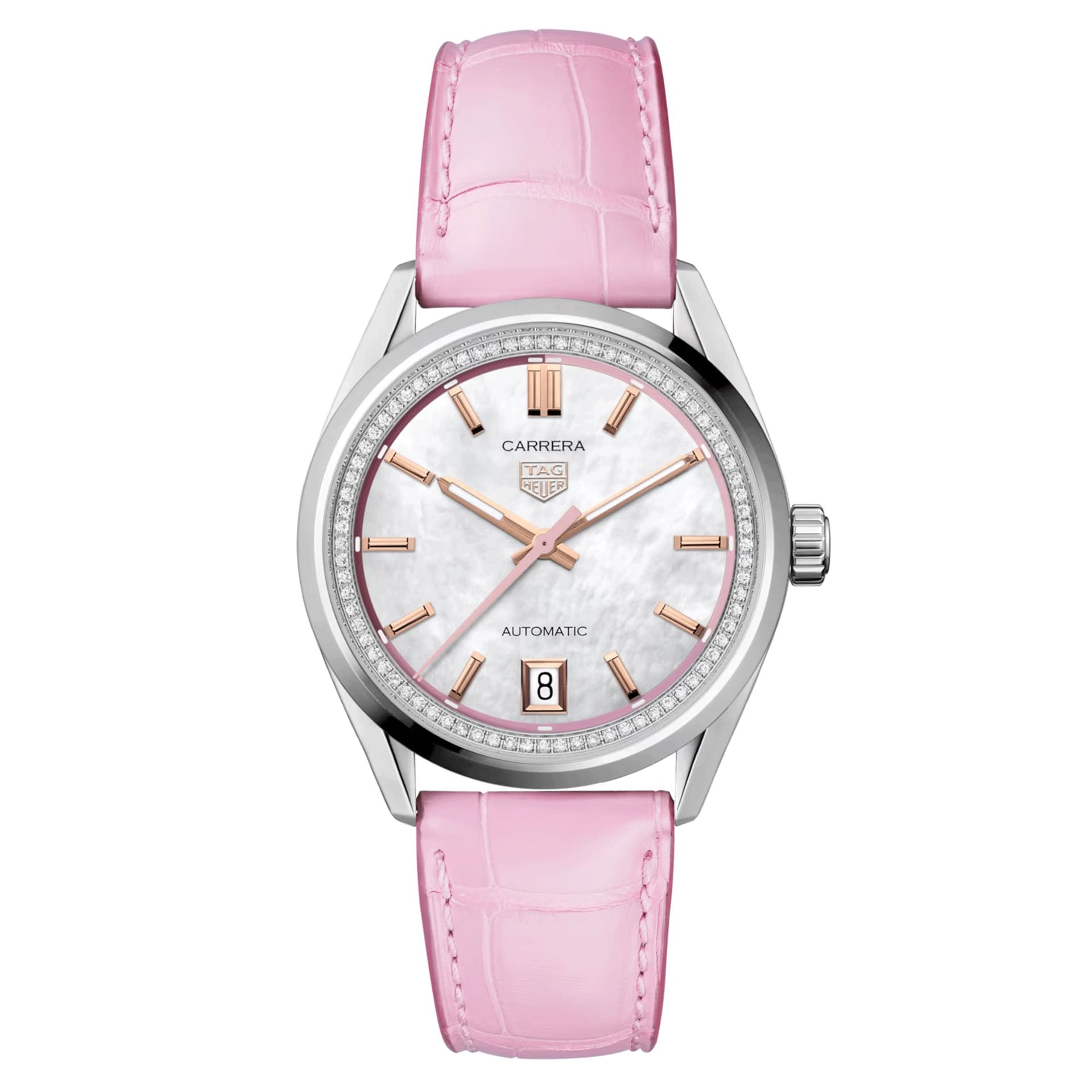 TAG Heuer Montre TAG Heuer Carrera Date automatique diamants cadran nacre blanche bracelet cuir rose 36 mm