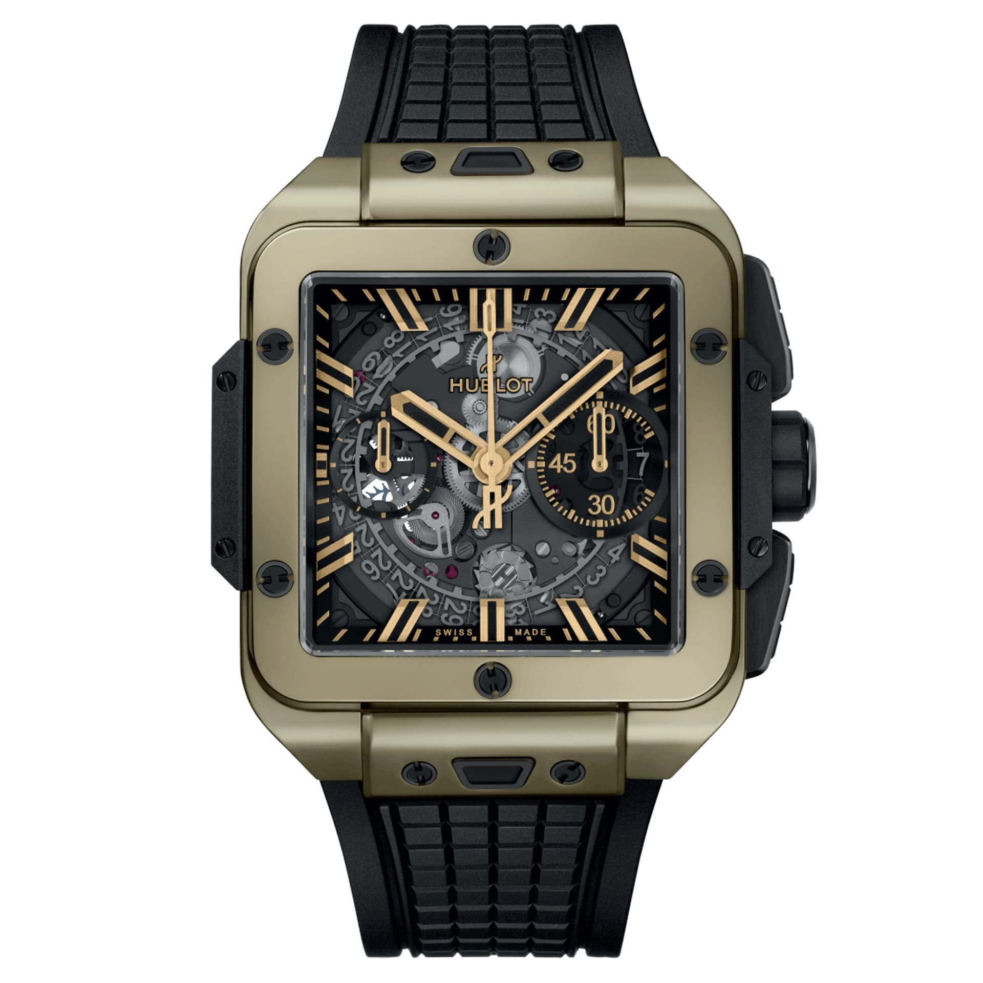 Hublot Montre Hublot Square Bang Unico Magic Gold automatique cadran squelette bracelet caoutchouc noir 42 mm