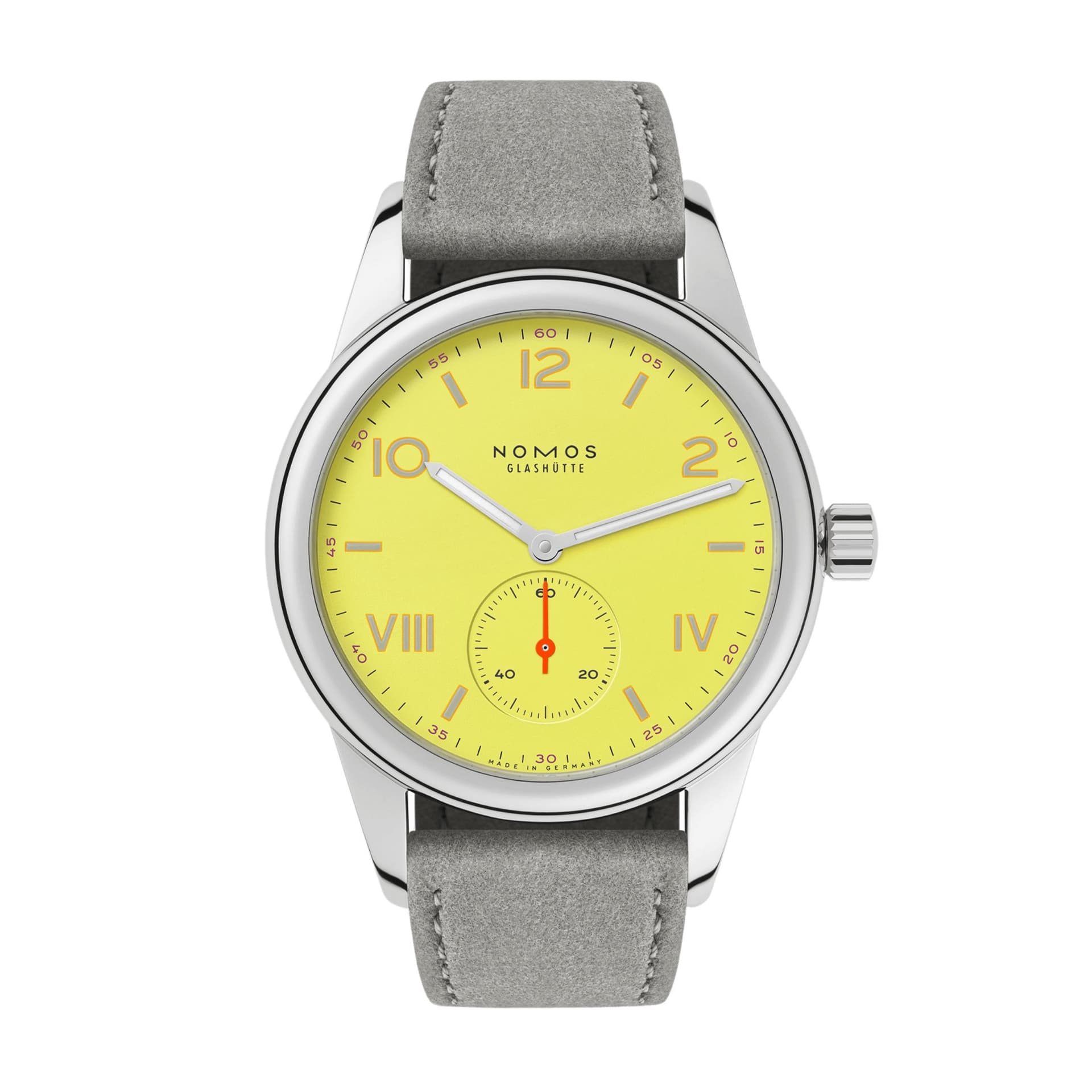 Nomos Montre NOMOS Club Campus Starlight mécanique fond acier cadran jaune bracelet velours gris 36 mm