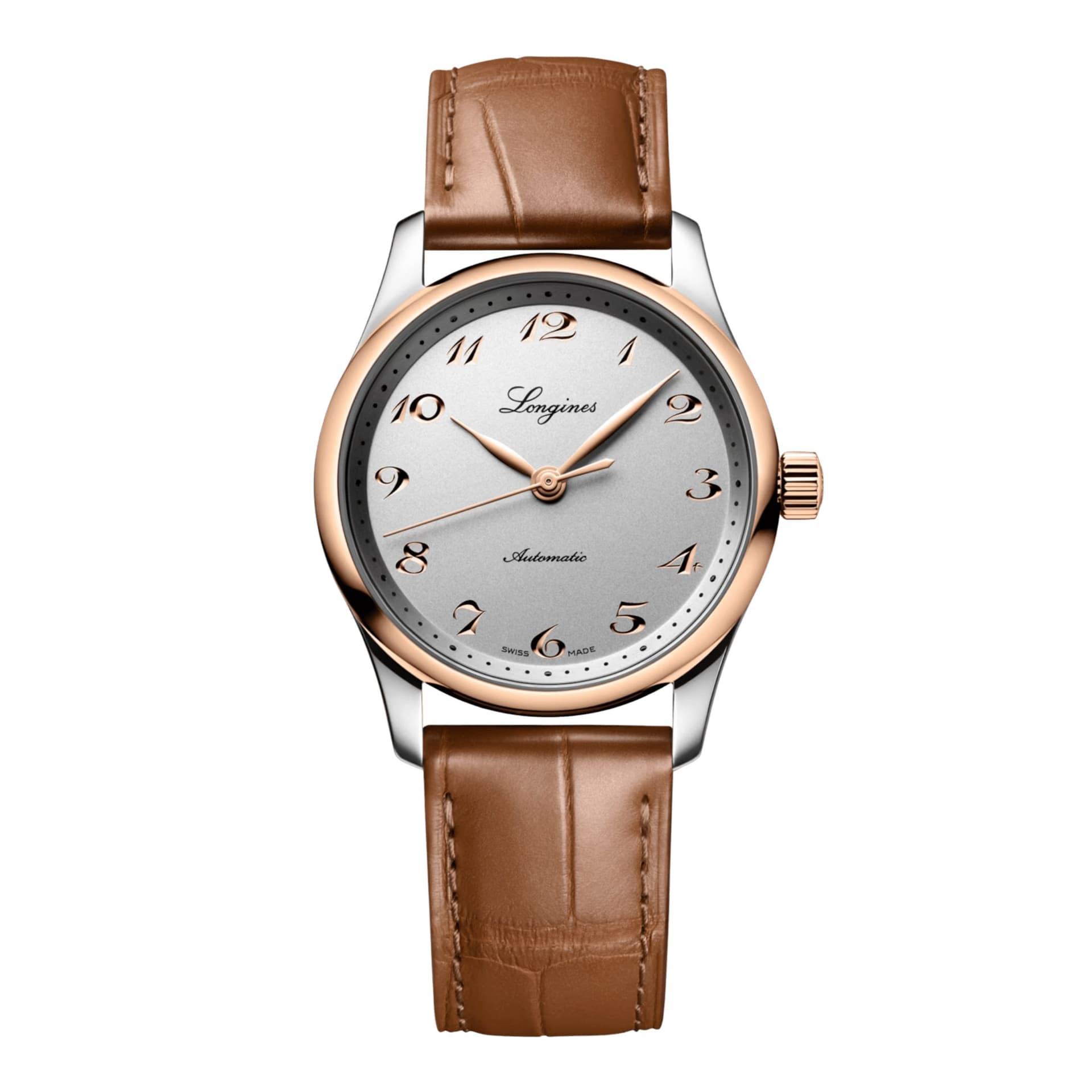 Longines Montre Longines Master Collection auto acier et coiffe or rose cadran argent bracelet cuir marron 34 mm