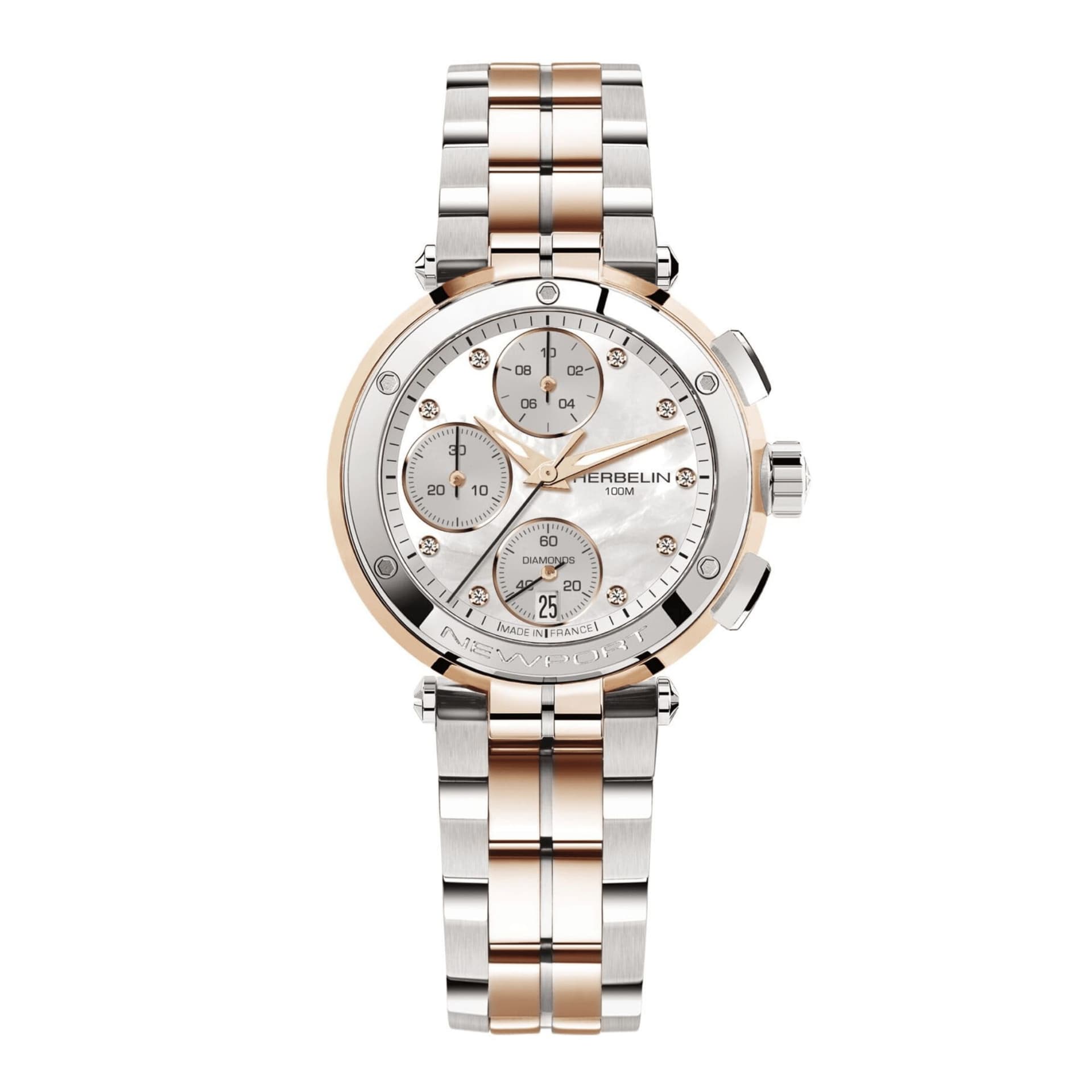 Michel Herbelin Montre Michel Herbelin Newport Chronographe quartz cadran nacre index diamants bracelet bicolore 35 mm