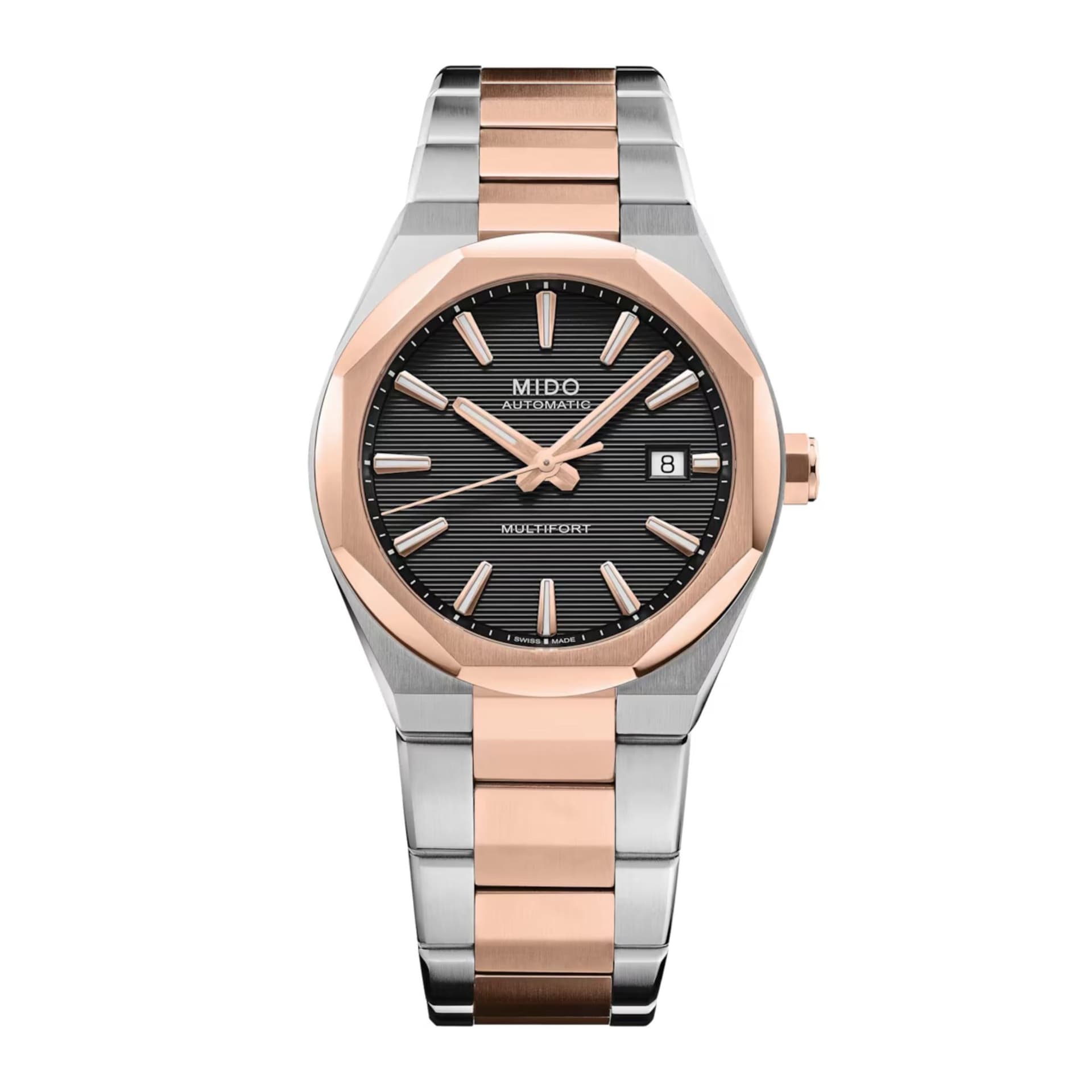 Mido Montre Mido Multifort 8 One Crown automatique cadran noir bracelet PVD or rose et acier 40 mm