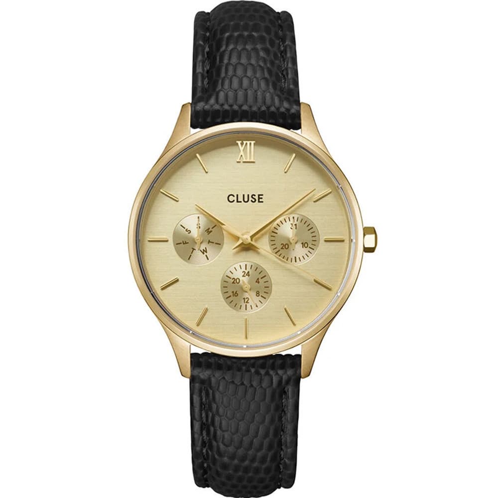 Cluse Minuit Multifunction Watch Leather, Black Lizard, Gold Colour