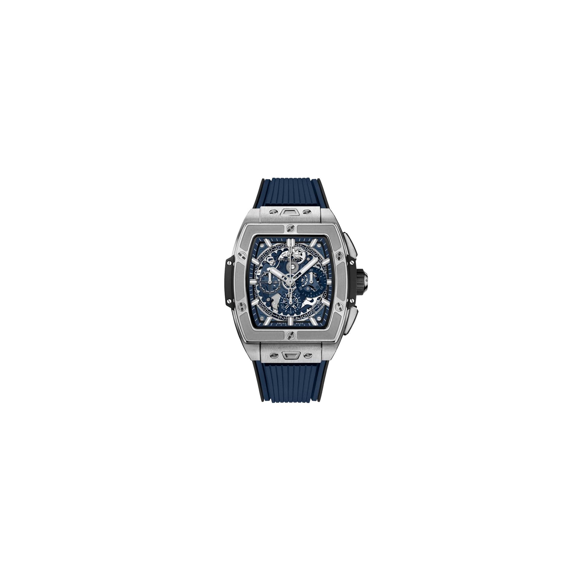Hublot Montre Hublot Spirit of Big Bang Titanium Blue automatique cadran squelette bracelet caoutchouc bleu 42 mm