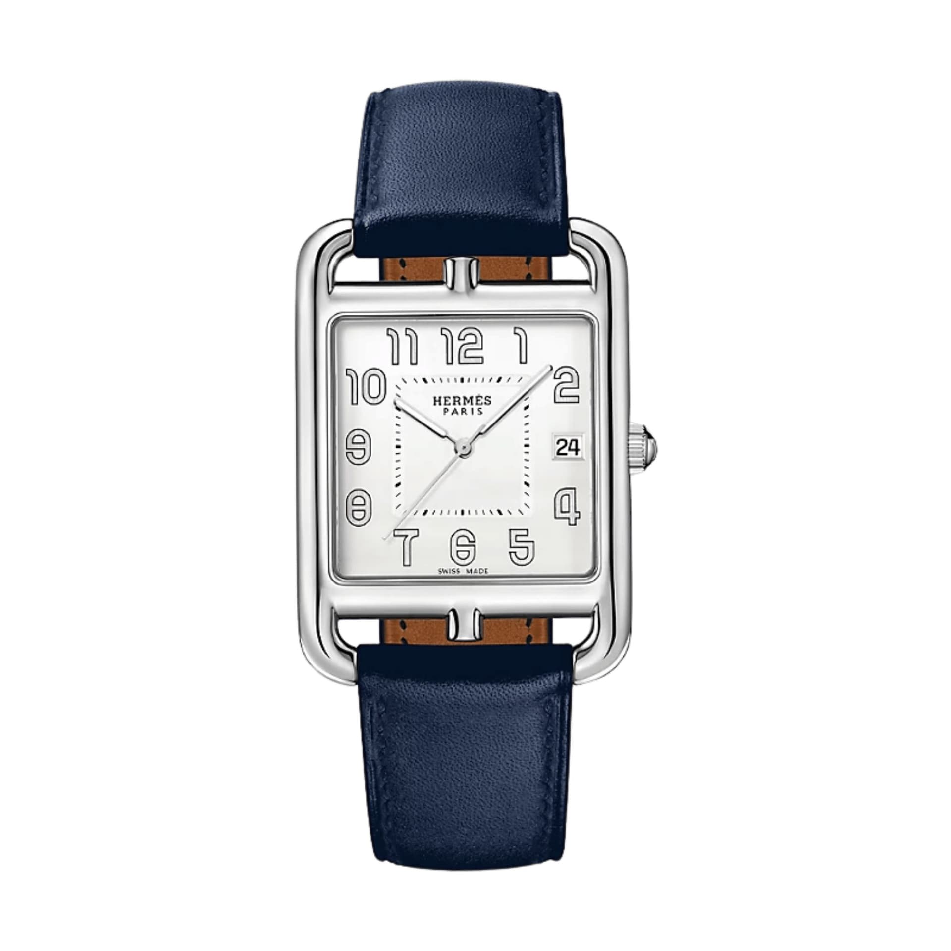 Hermès Montre HERMÈS Cape Cod Quartz cadran argenté bracelet cuir noir 41 mm