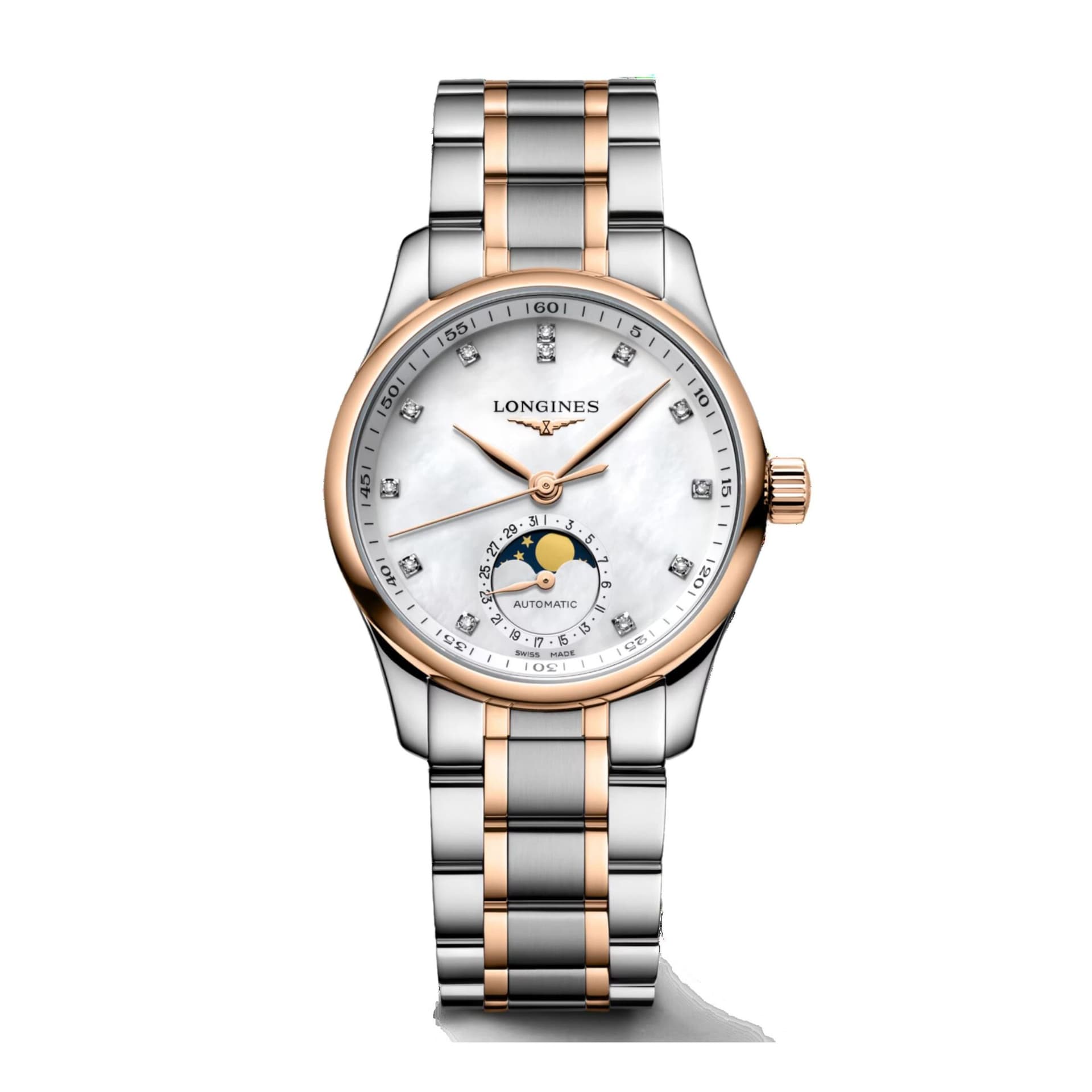 Longines Montre Longines Master Collection Moonphase automatique index diamants cadran serti nacre blanche bracelet acier et or rose 34 mm