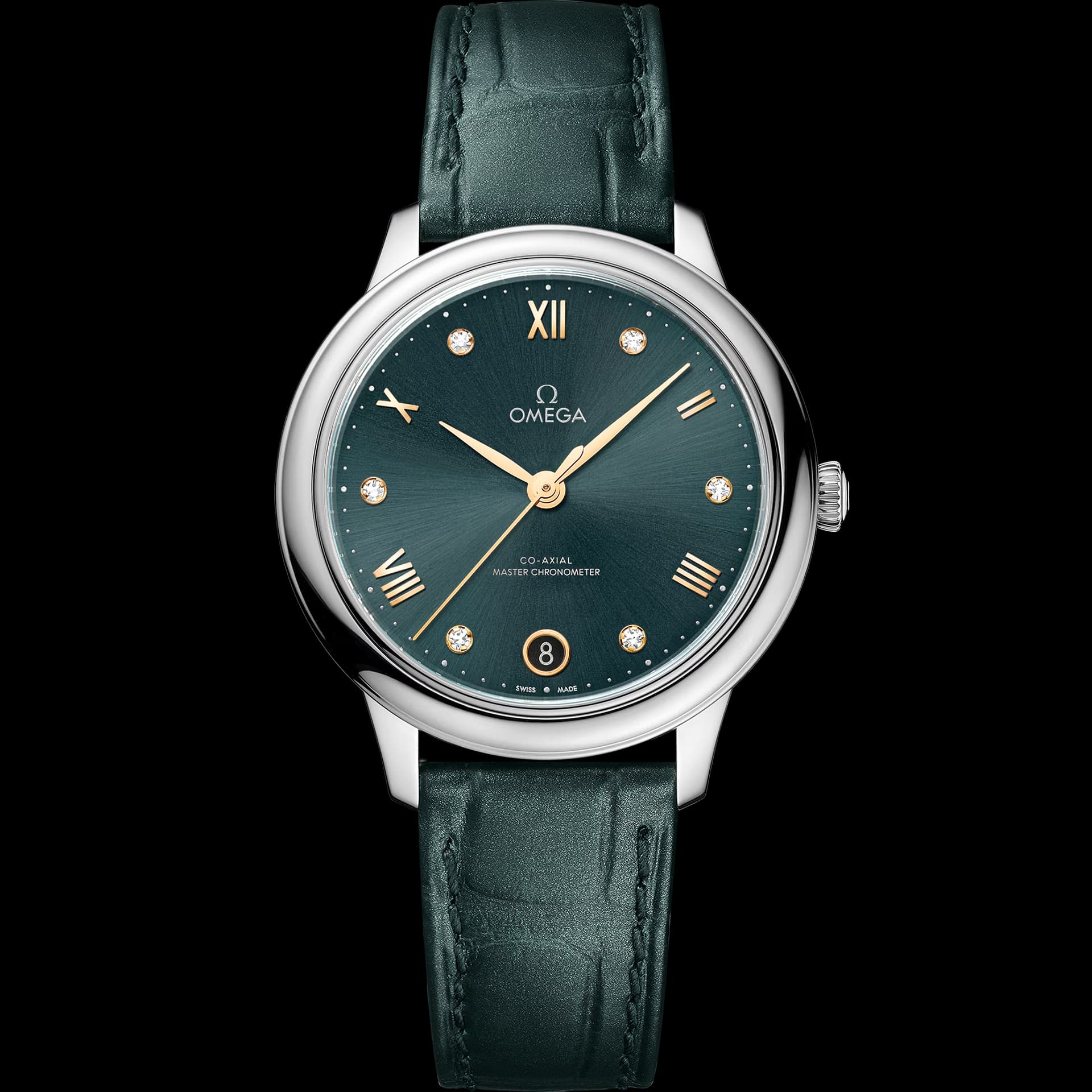 Omega De Ville 34 mm, acier sur bracelet en cuir