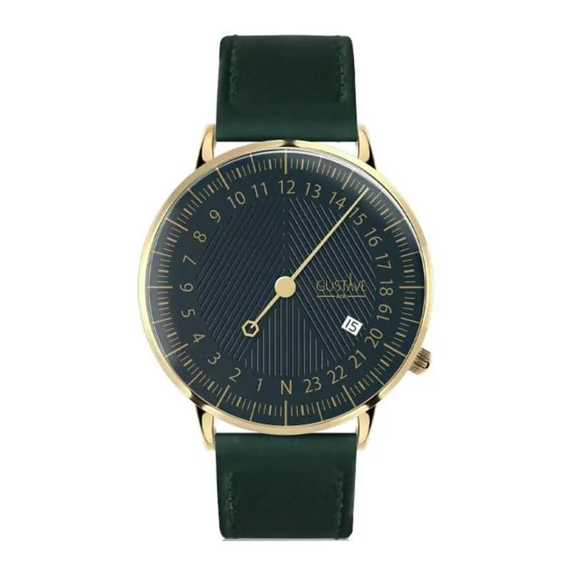 Gustave & Cie Montre 24H André Or & Vert Cuir Vert Émeraude Surpiqué 40mm