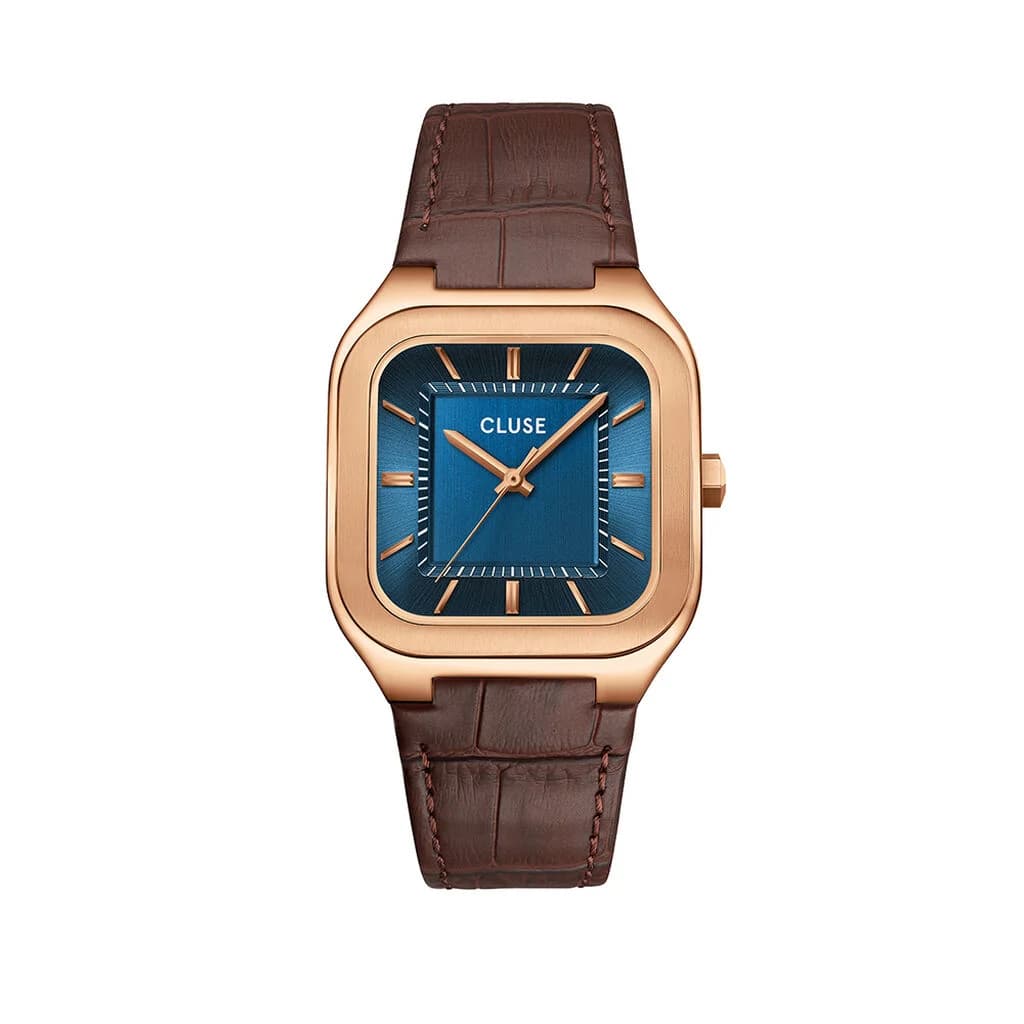Cluse Quadrus Watch Leather, Blue, Rose Gold Colour