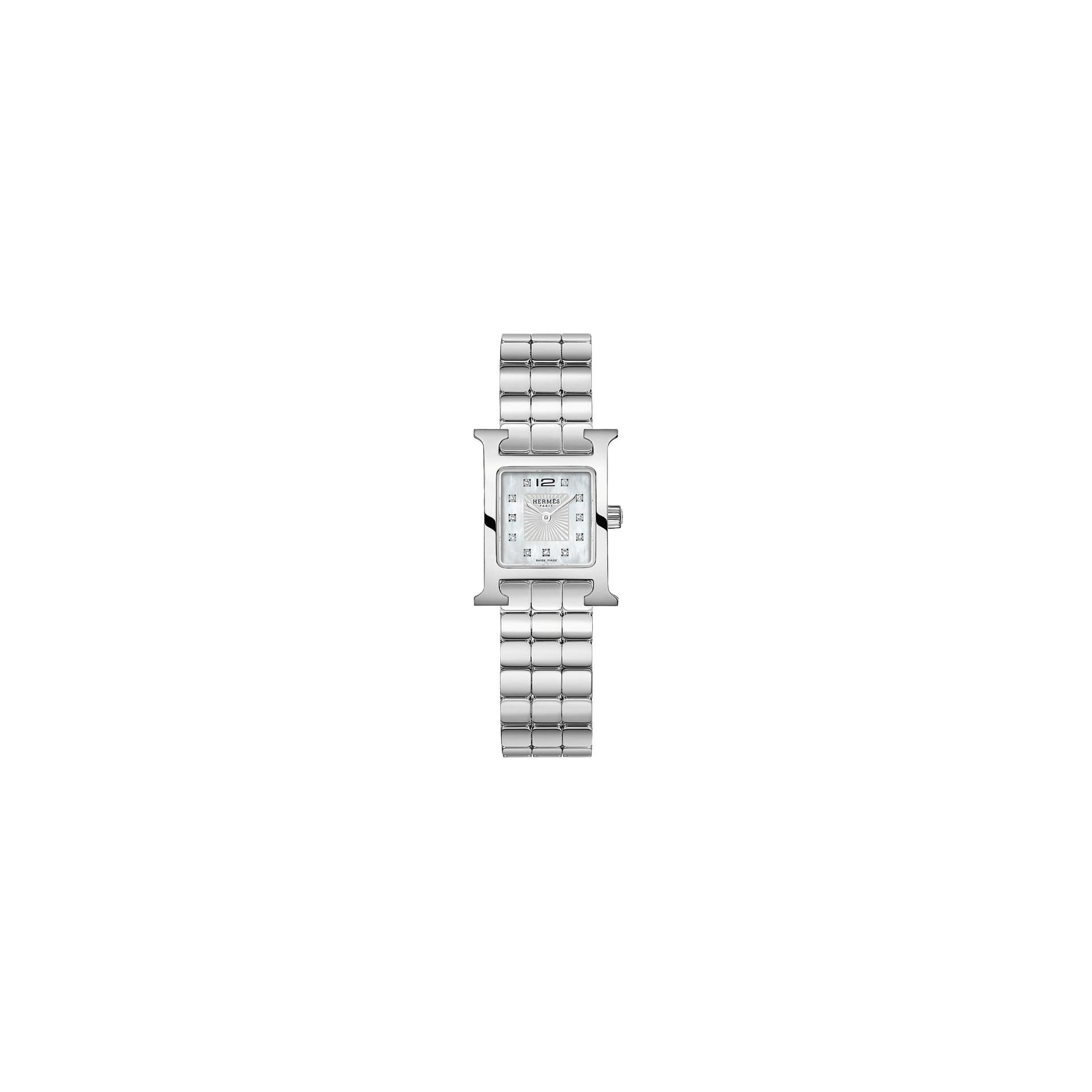 Hermès Montre HERMÈS Heure H Mini Modèle quartz index diamants cadran nacre blanche bracelet acier 21 mm