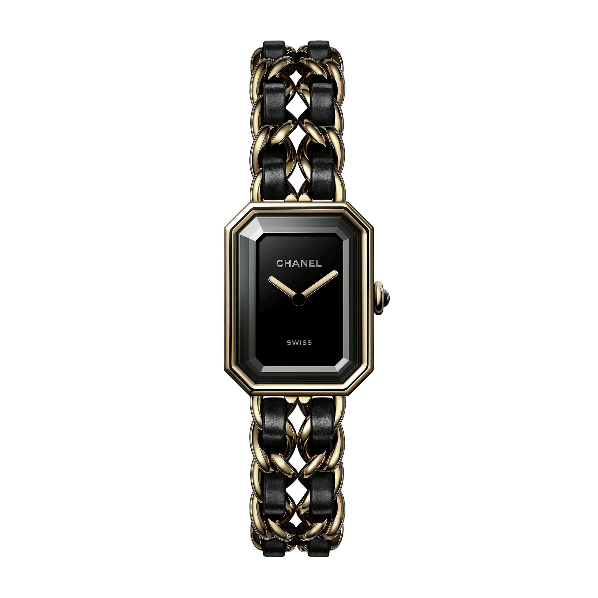 Chanel Montre CHANEL Première Edition Originale quartz cadran laqué noir bracelet acier or jaune et cuir noir 20 mm