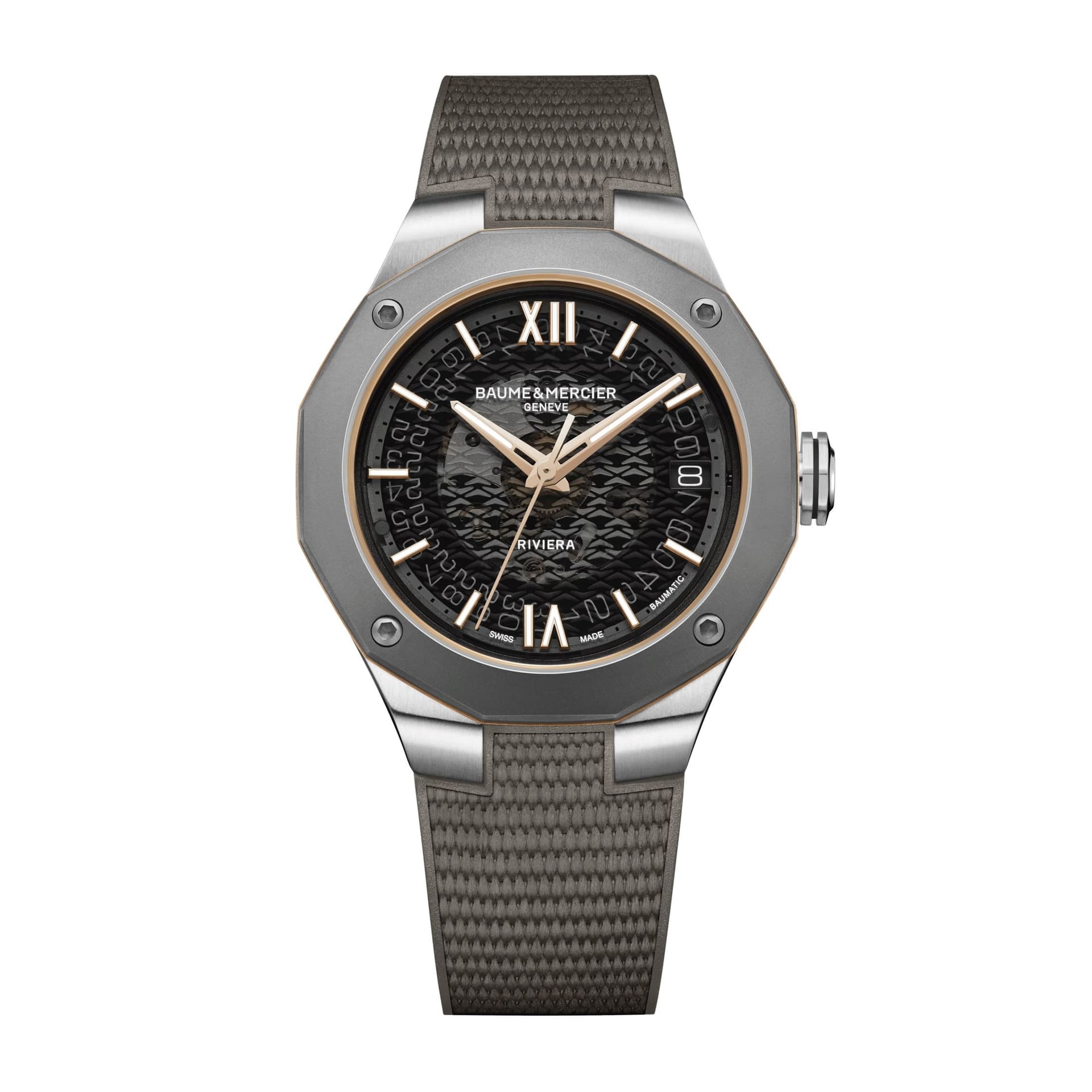 Baume & Mercier Montre Baume et Mercier Riviera automatique lunette titane cadran gris bracelet caoutchouc gris 39 mm