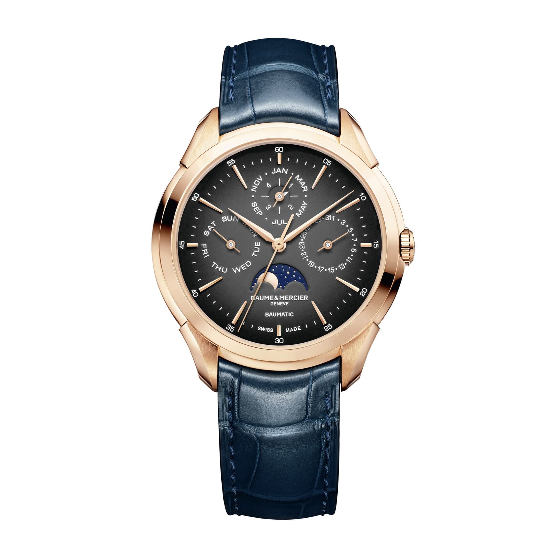 Baume & Mercier Montre Baume et Mercier Clifton Or Rose Phases de Lune automatique cadran noir bracelet cuir bleu 42 mm