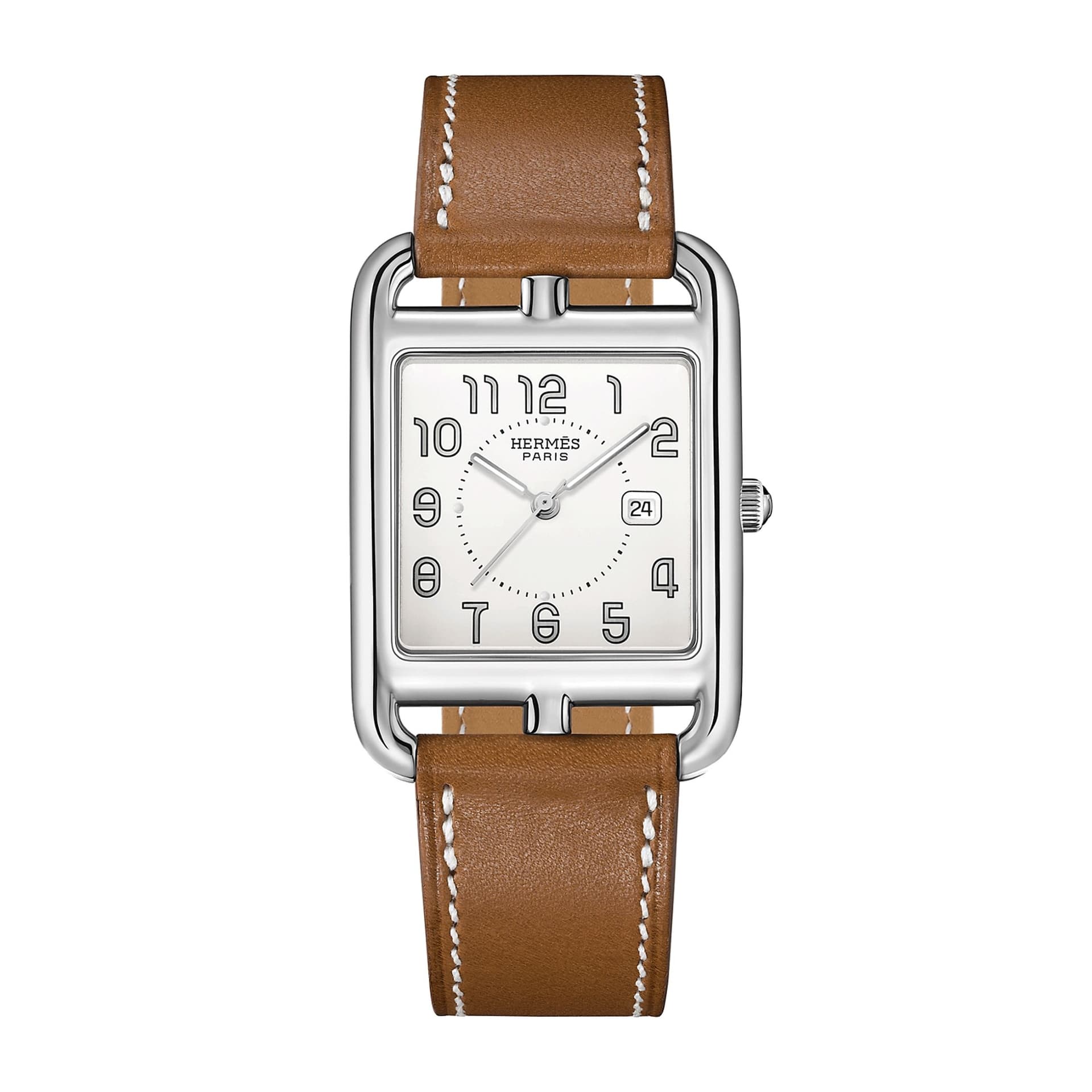 HERMÈS Cape Cod Grand Modèle quartz silver dial black leather strap 37 mm